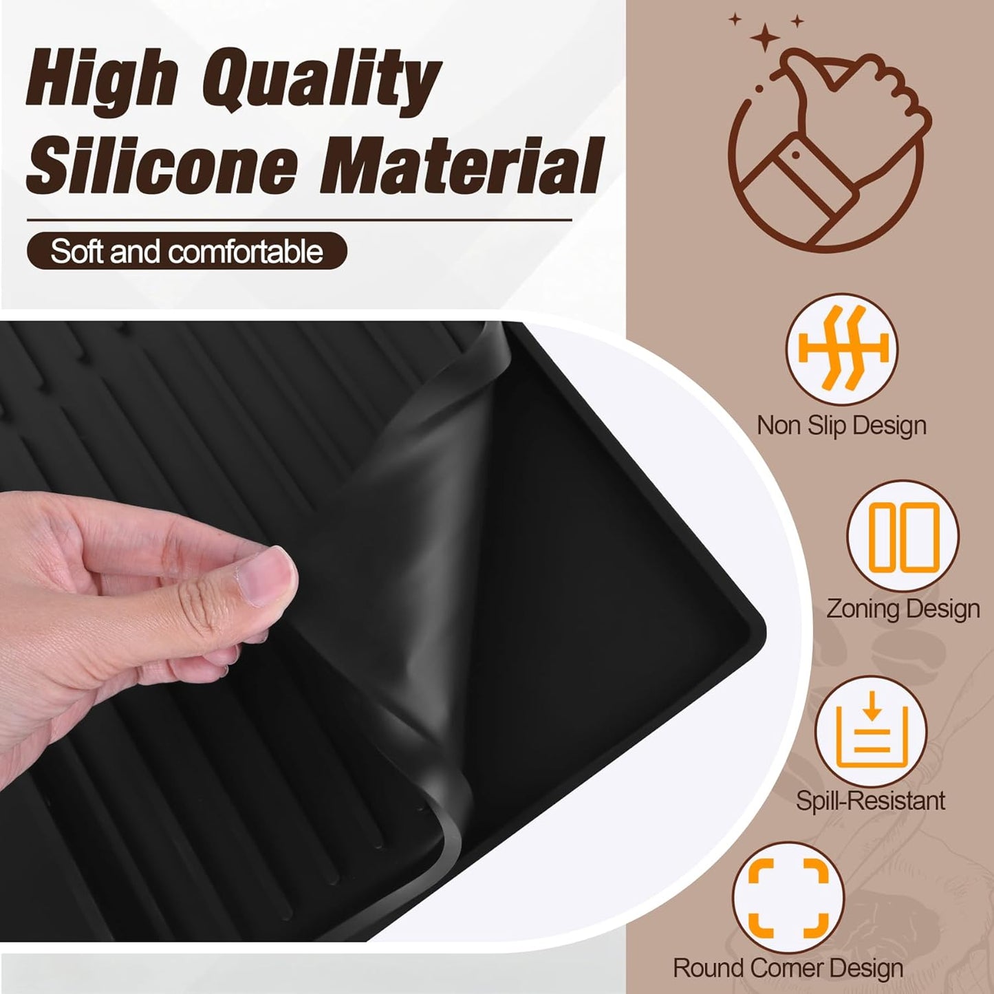 Premium Dish Drying Mat & Removable Coffee Bar Mat - 24x16 Inch Quick-Dry Silicone Mat, Heat/Waterproof Non-Slip Protector for Sink, Espresso Machine, Dishwasher Safe & Cabinets (Black)