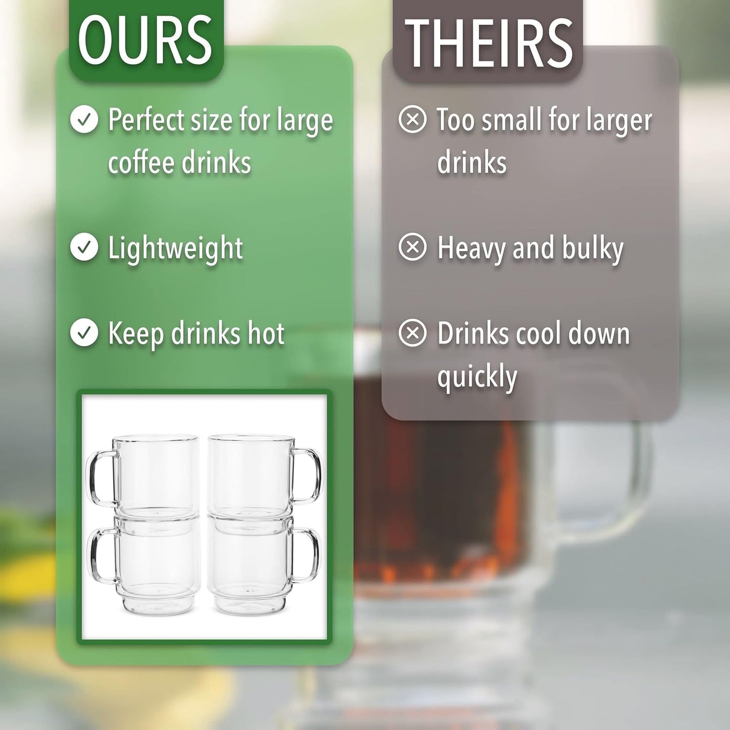 BTaT- Stackable Espresso Cups, Set of 4 (5.0 oz, 150 ml), Double Wall Glass Coffee Mugs, Clear Tea Cup, Demitasse