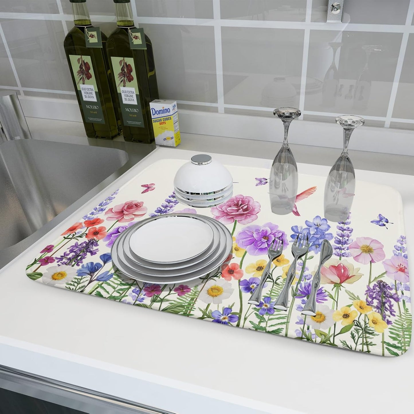 Giwawa Hummingbird Flower Dish Drying Mat 18x24 inch Watercolor Spring Herb Floral Dish Drainer Mats Wildflower Plant Reversible Microfiber Dish Drying Pad for Kitchen Countertop Large Decor