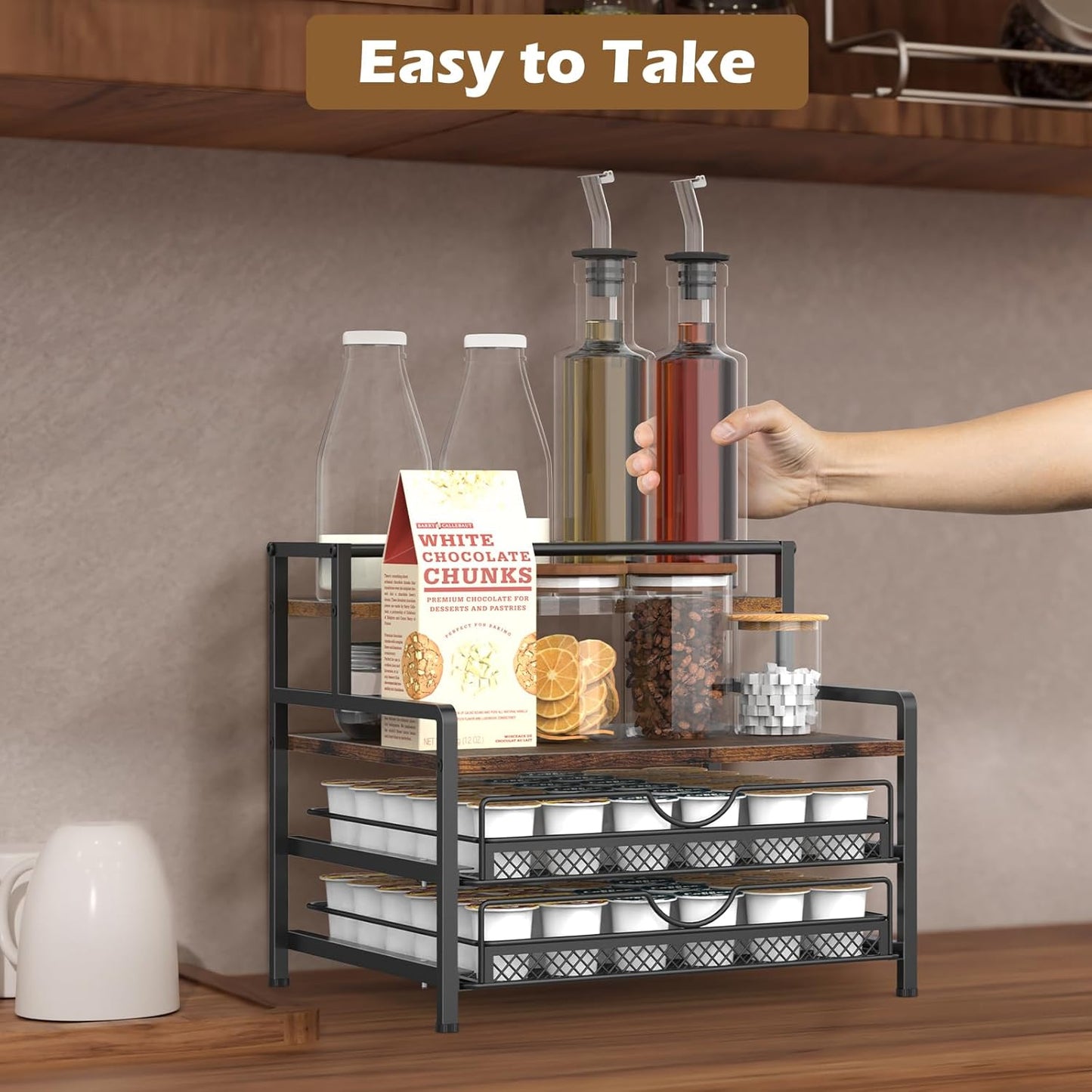 Coffee Bar Organizer, Coffee Pod Organizer,3 Tier Coffee Syrup Rack Organizer,72 K Cup Storage for Counter Storing K Cup,Coffee Syrups, Coffee Makers and Other Coffee Supplies-Rustic Brown