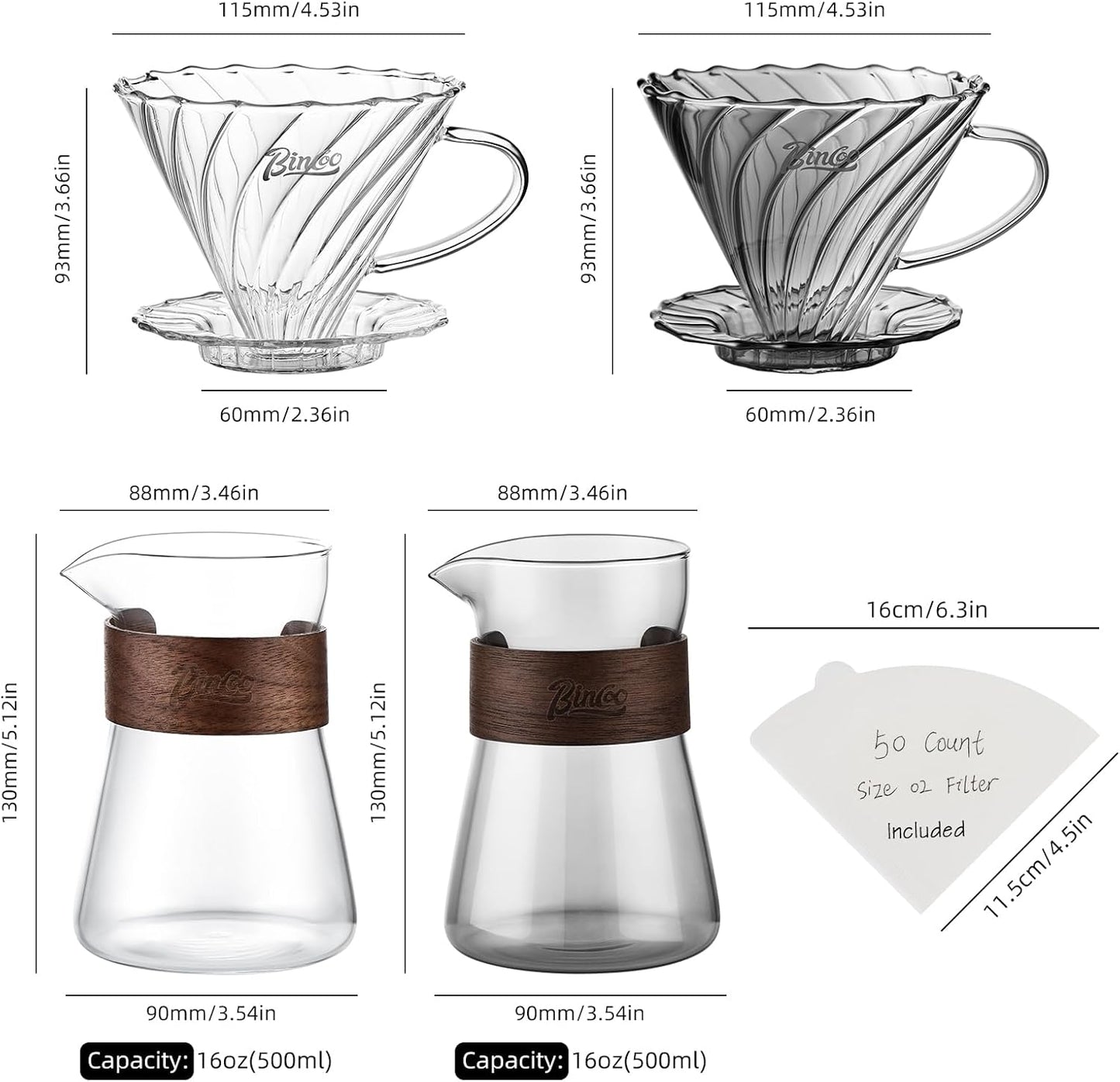Bincoo Pour Over Coffee Dripper Set, Drip Coffee Maker, Included Borosilicate Glass Carafer and Coffee Dripper & 50 Pcs Size 02 Paper Filter, 16oz(500ml) (Smoky Gray Set)