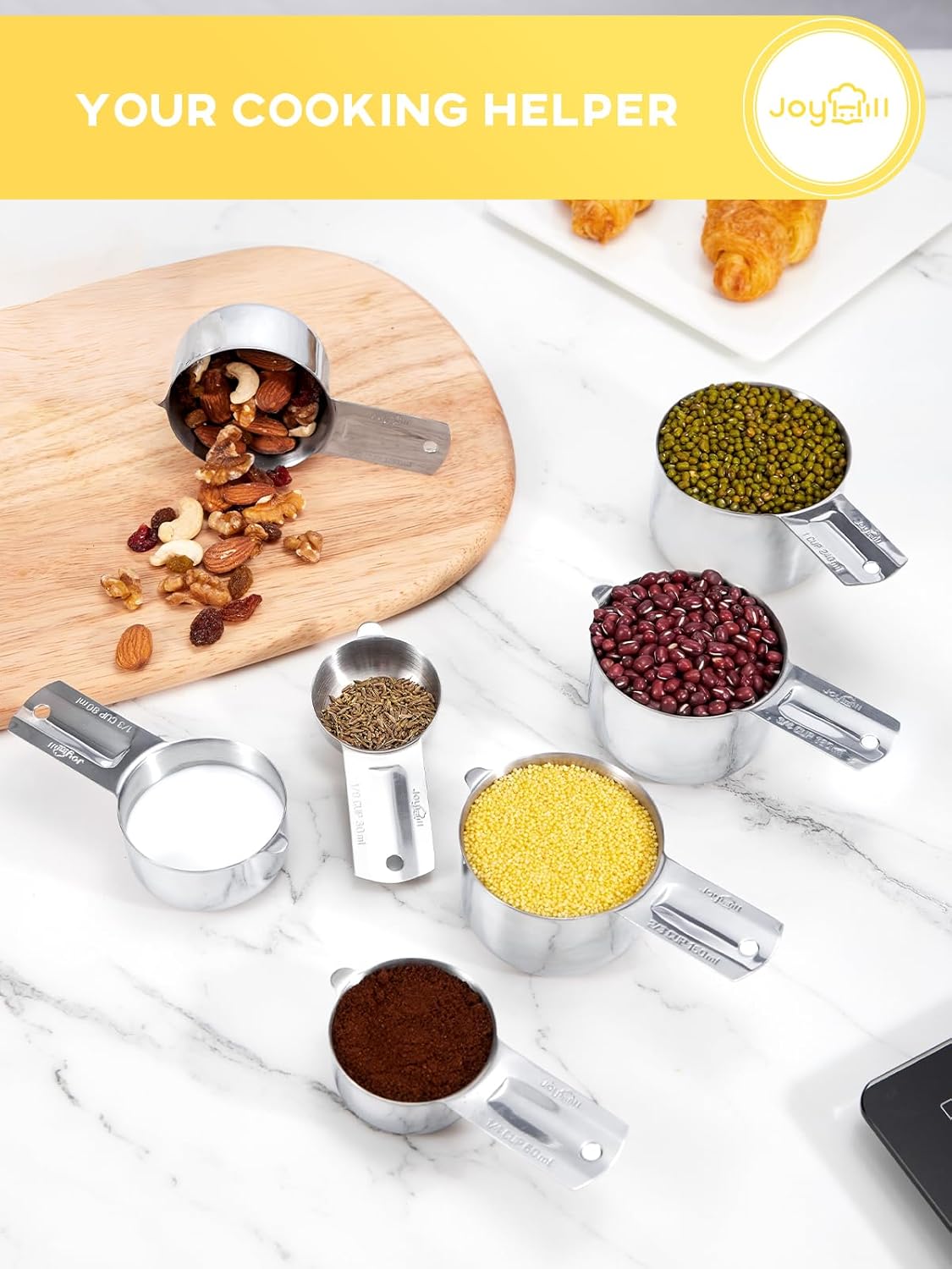 Joyhill Measuring Cups of 7 Pieces, 304 Stainless Steel Measuring Cups Metal for Baking Cooking, Dry and Liquid Ingredients