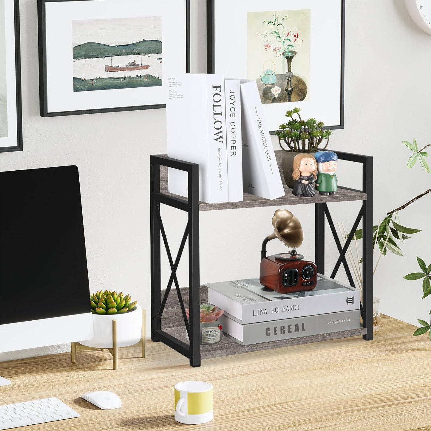 YINMIT Countertop Shelf Organizer,Coffee Bar Accessories,Spice Rack,Coffee Counter Shelf,2 Tier Coffee Organizer Station for Mugs,Cups,Cream,Syrup(Rustic Grey, Large)