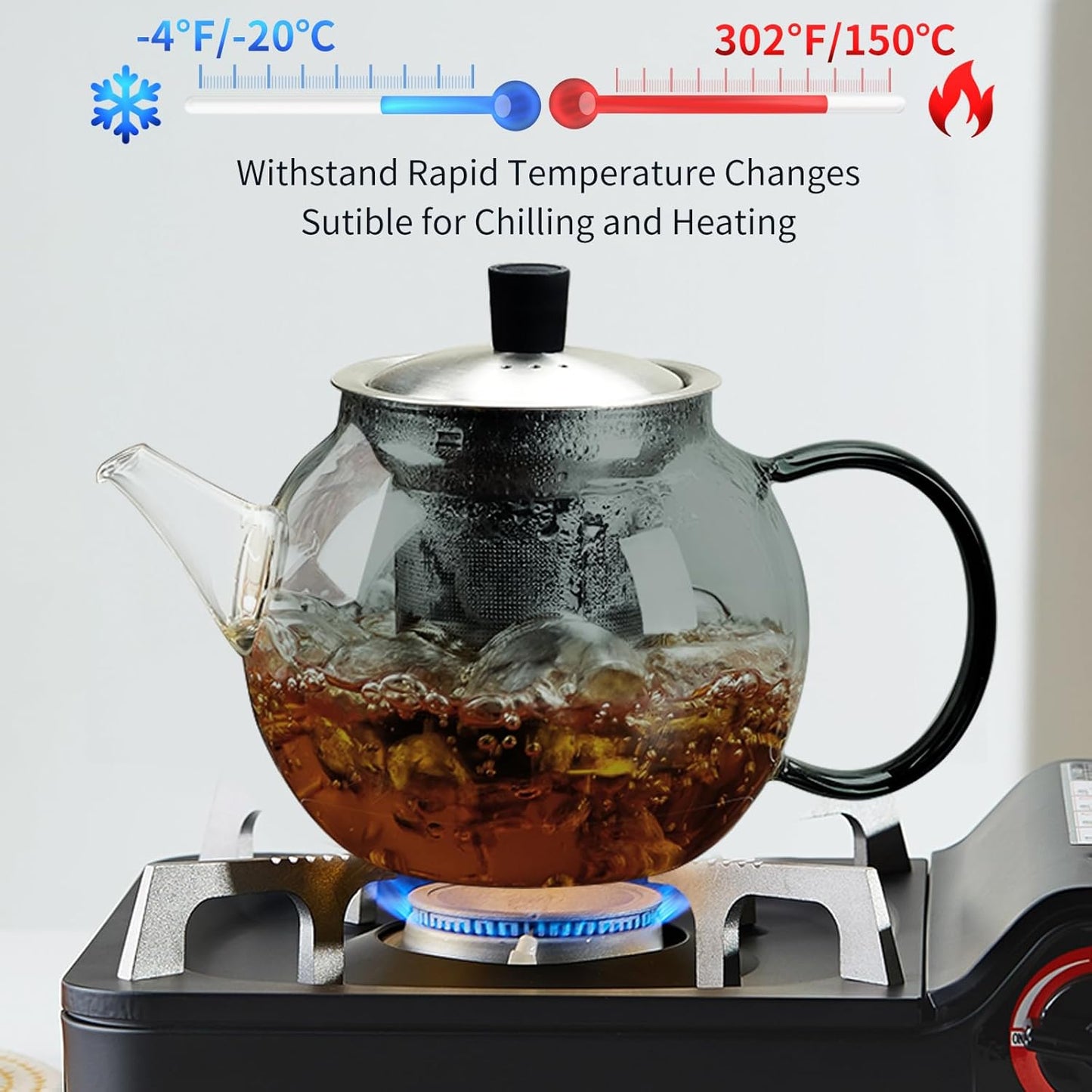 28OZ Glass Teapot with Infuser Stovetop Safe, 800ml Borosilicate Glass Kettle Tea Pot with Infusers tea infuser pot for loose leaf tea, tea Maker brewer, Dishwasher Safe, tetera para te(Dark Gery)