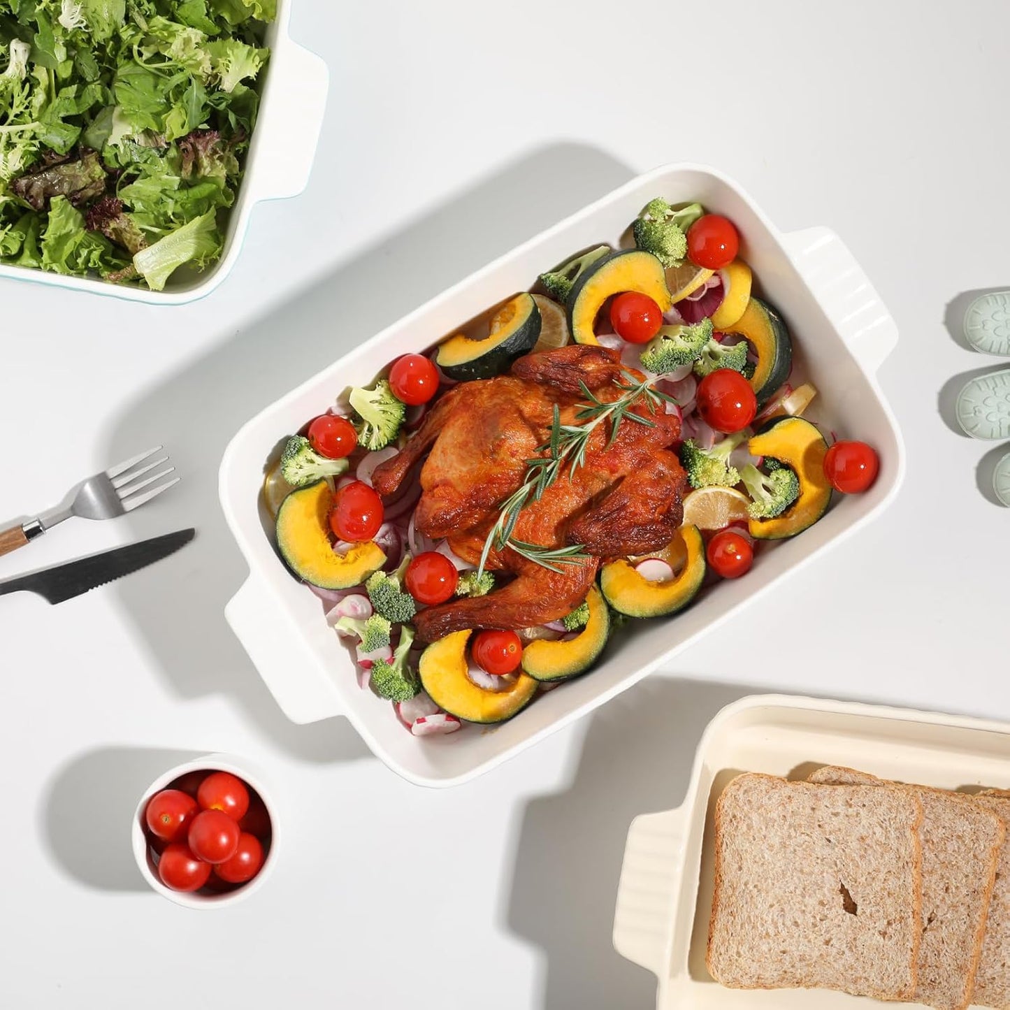 Sweejar Ceramic 13 x 9 Baking Pan, Cake Baking Dish for Brownie, Porcelain Striped Casserole Dishes for Oven with Handle for Lasagna, Family Dinner(Turquoise)