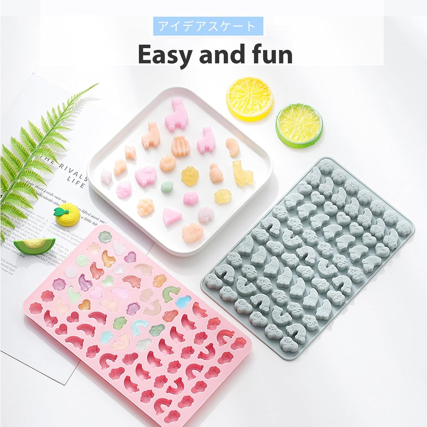 Animals & Flowers Silicone Candy molds, Non-Stick Gummy Bear Chocolate Gelatin Tray with 2 Droppers Creates 260 Alpaca, Clover, Animals, Rainbow & Cloud, Pack of 4