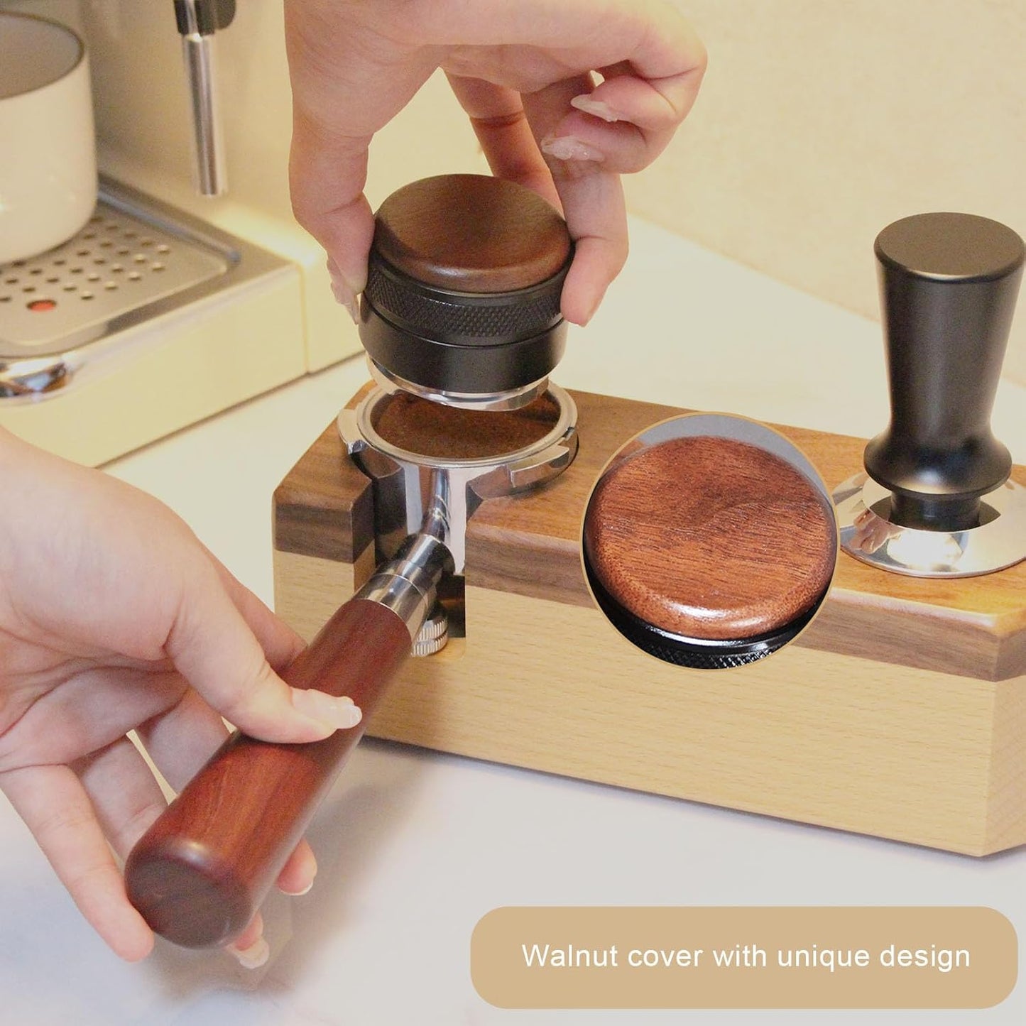 Espresso Distributor Stainless Steel Coffee Distribution Tool,Adjustable Depth Espresso Distributor Leveler with Walnut Wood,3 Angled Slopes Adjustable Palm Espresso Distributor Tool