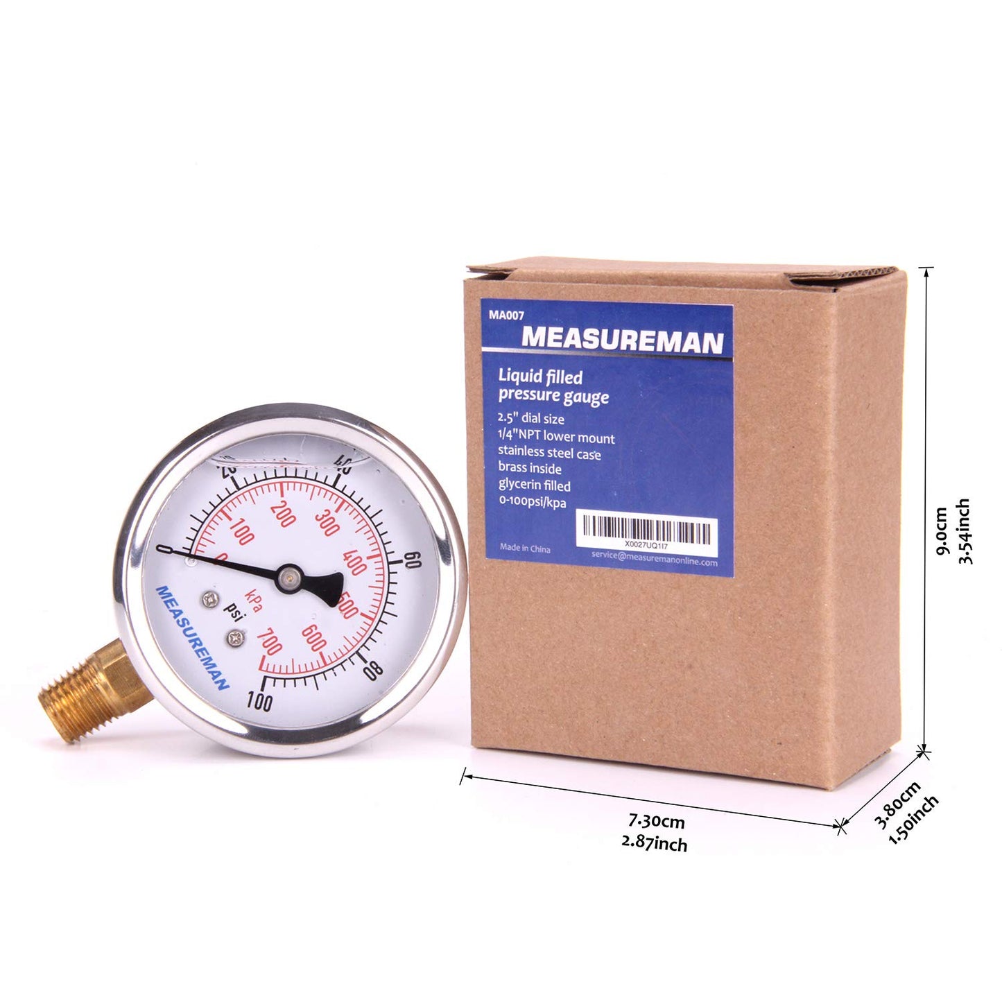 MEASUREMAN 2-1/2" Dial Size, Glycerin Filled Pressure Gauge, 0-100psi/kpa, 304 Stainless Steel Case, 1/4" NPT Lower Mount