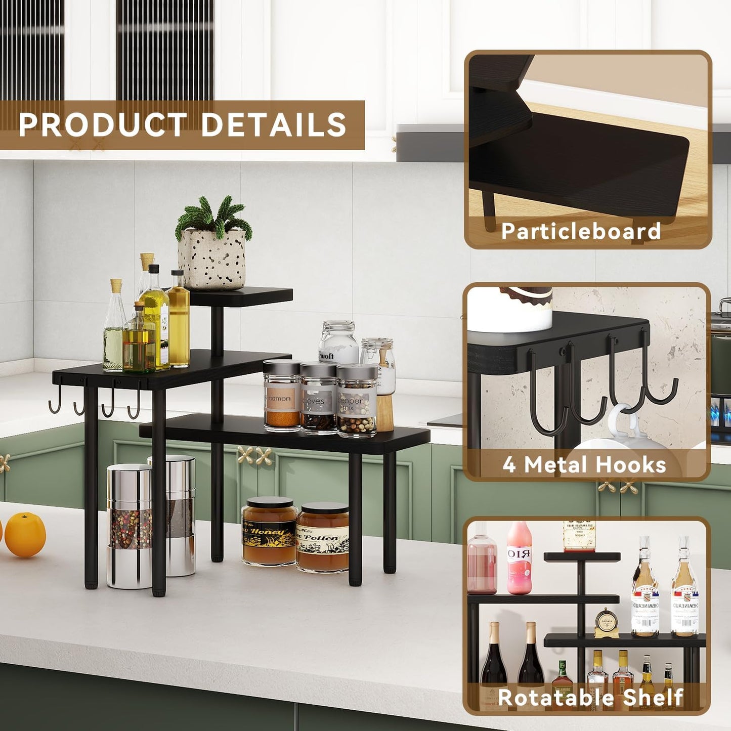 IBUYKE Countertop Organizer,3-Tier Spice Racks,Kitchen Counter Corner Shelf,4 Side Hooks,Adjustable Countertop Shelf for Kitchen, Bathroom, Coffee Bar, Cabinet, Desk,Black,TLJ023B