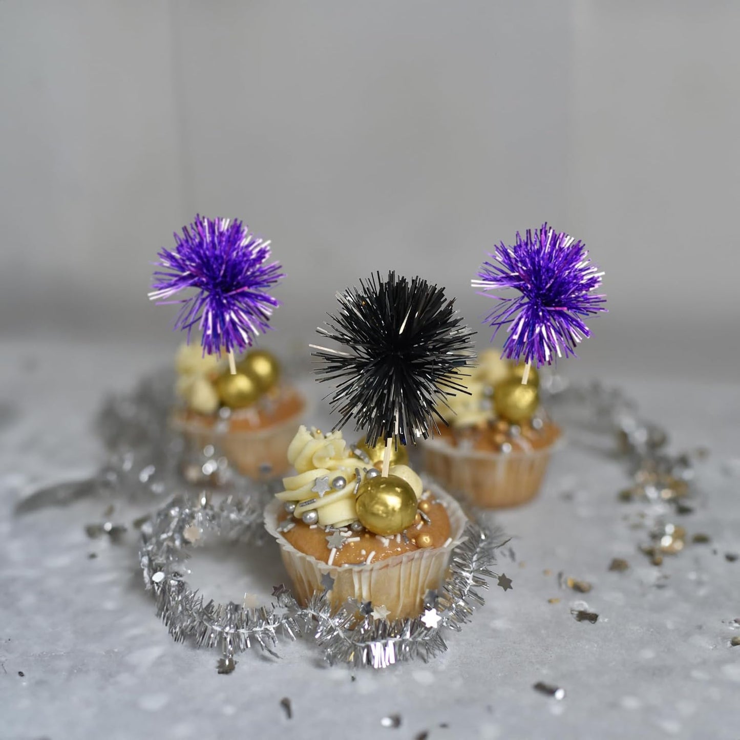 Gyufise 30Pcs Foil Firework Cupcake Toppers Sparkle Tinsel Cake Toppers Tinsel Drink Cake Decoration Cocktail Picks for Birthday Wedding Graduation Party Supplies Black Purple