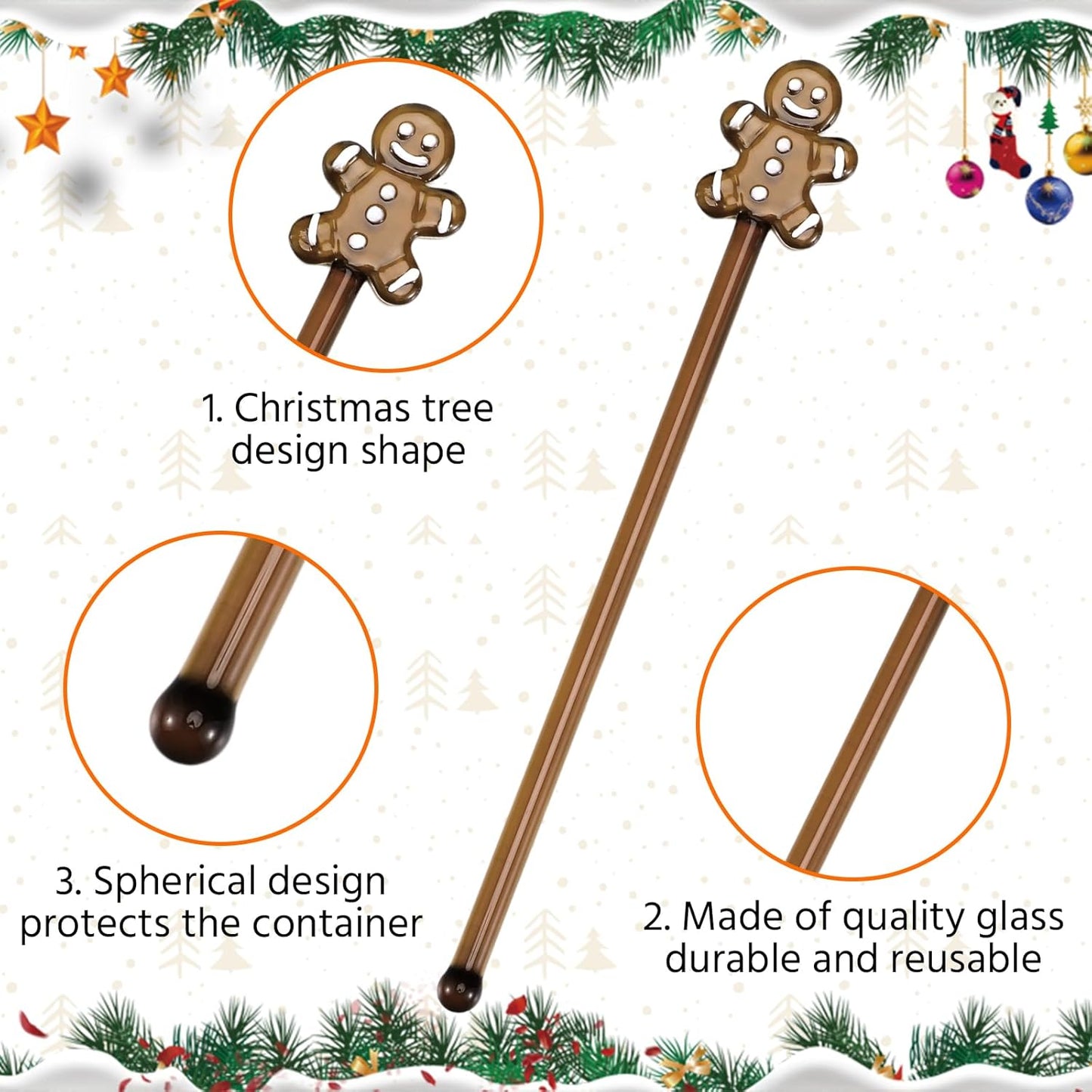 12 Pcs Christmas Glass Drink Stirrers 7 Inch Xmas Stir Sticks Reusable 3D Coffee and Cocktail Stirrers Hot Cocoa Bar Supplies for Holiday Party Favors (Gingerbread Man)