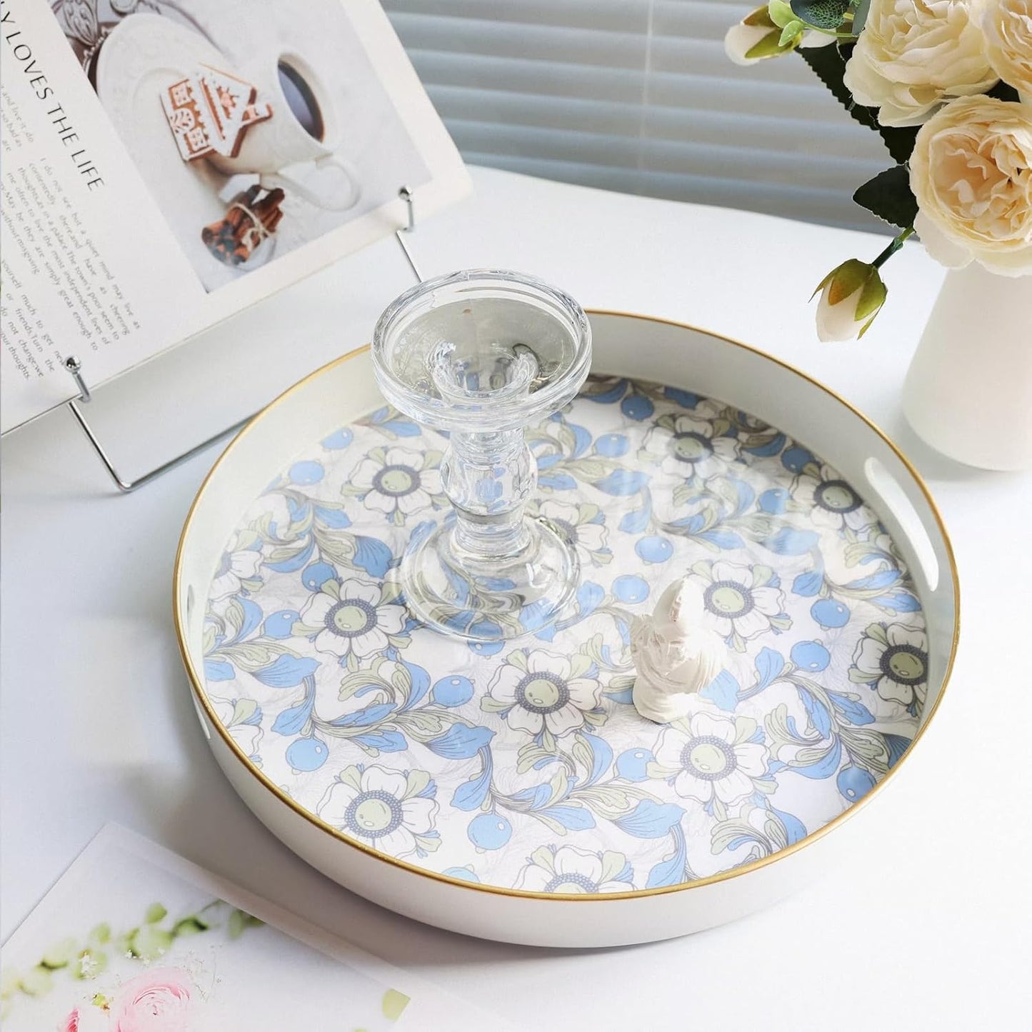 Round Serving Tray with Handles, Coffee Table Tray for Ottoman, Organizer Vanity Tray for Living Room, Outdoor Tray for Patio Entertaining, Serving Breakfast Kitchen Platter LEE33BLH