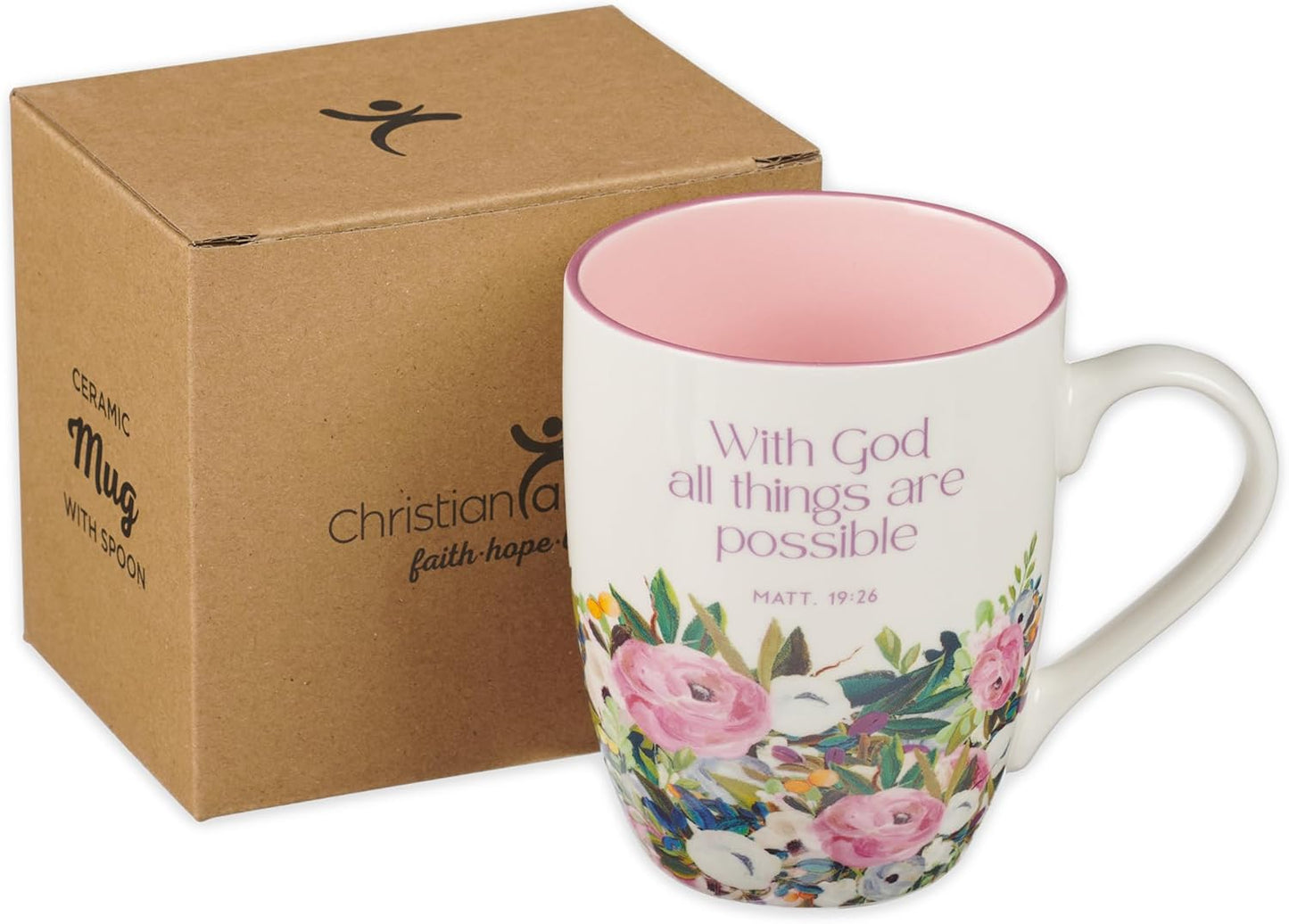 Christian Art Gifts Inspirational Ceramic Coffee & Tea Scripture Mug for Women: All Things are Possible Encouraging Bible Verse, Cute Microwave & Dishwasher Safe Drinkware, White & Pink Floral, 12 oz.