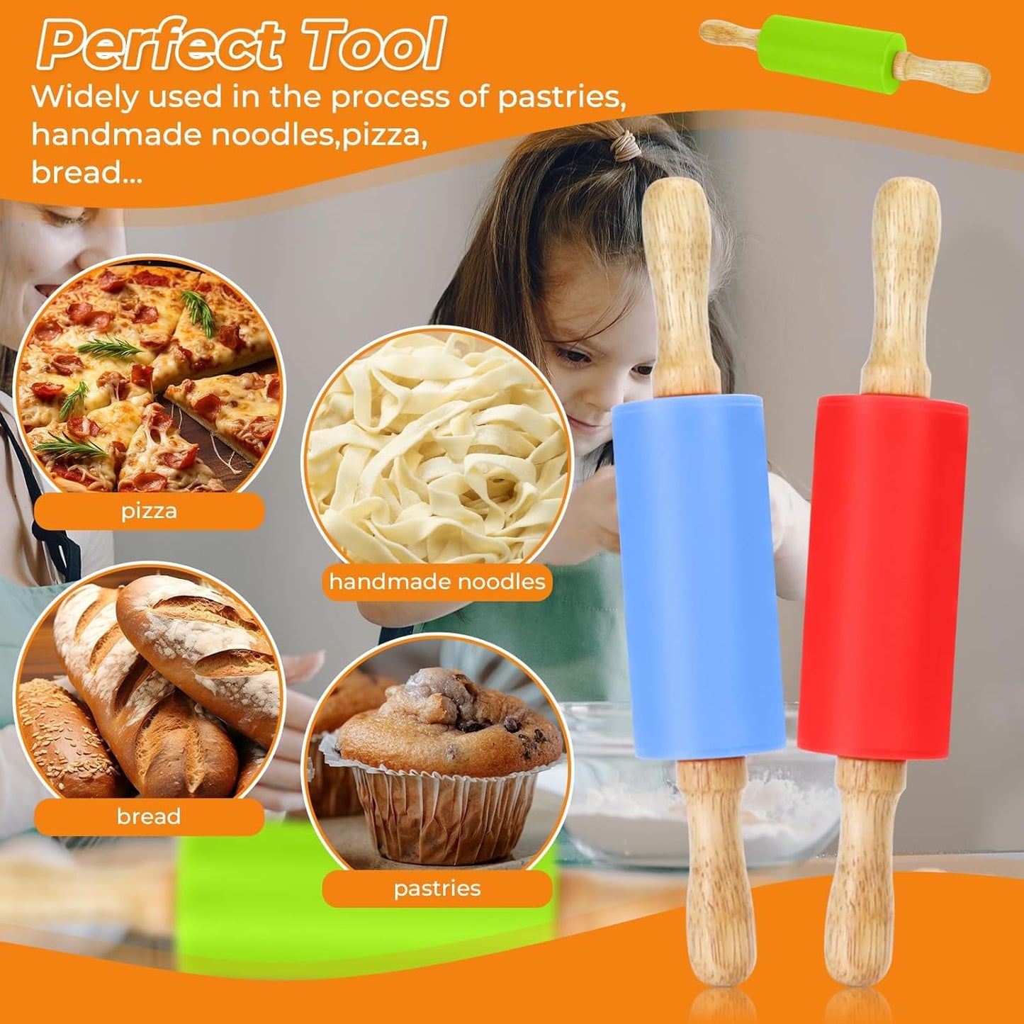 4 Pack Mini Rolling Pin for Kids, 9 Inch Wooden Handle Rolling Pin Non-Stick Silicone Rolling Pins for Children Cake Baking