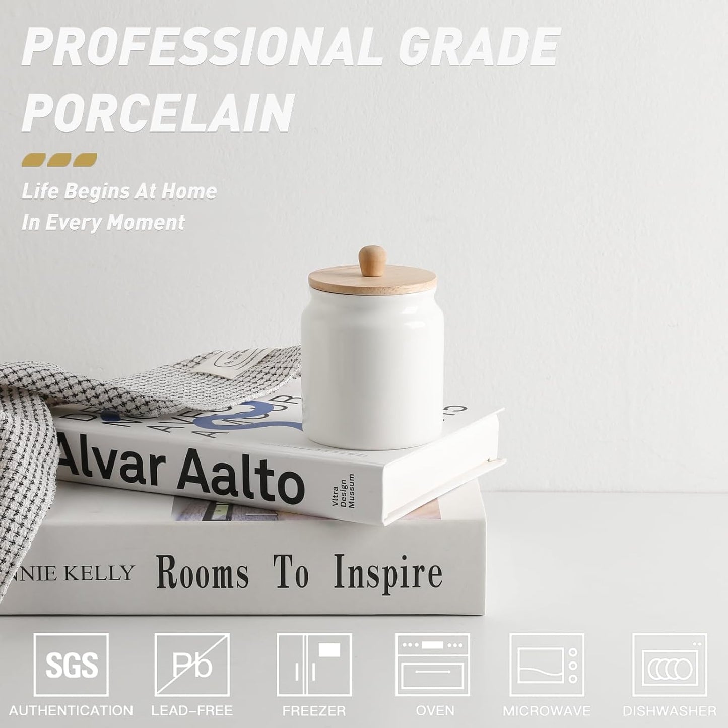 Sweejar Ceramic Kitchen Canisters, Porcelain Food Storage Jar with Airtight Seal Wooden Lid, Home Container Serving for Coffee Beans, Tea-leave, Sugar, Salt and More (White, XS(6.8 FLOZ))