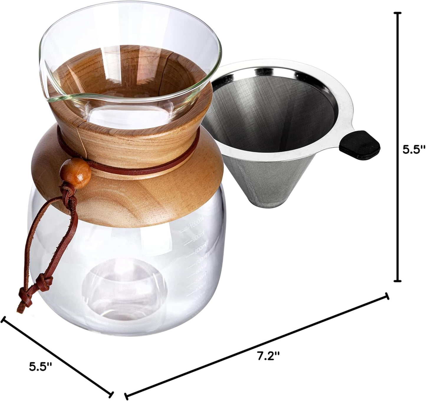 AGOGO Pour Over Coffeemaker Dripper with 304 Stainless Steel Filters Carafe High Capacity 10 Cup