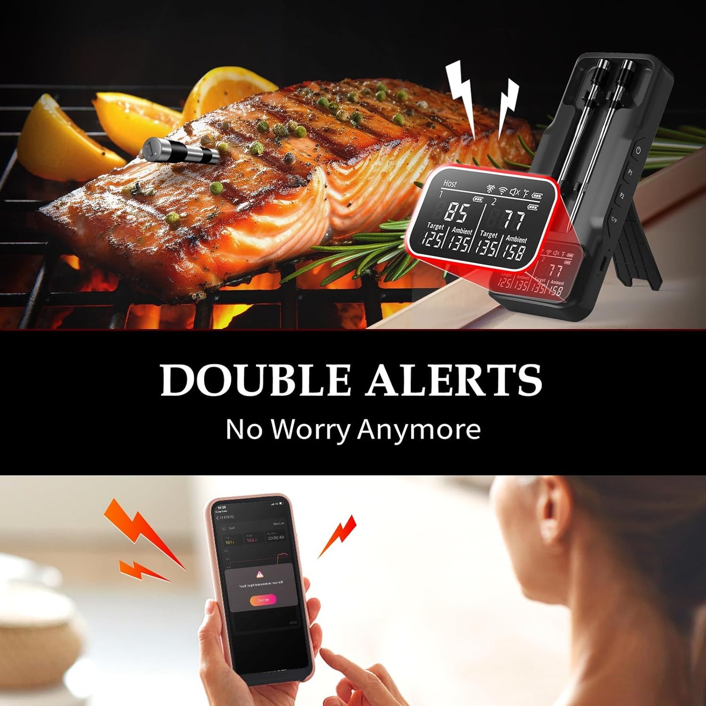 800FT Smart Wireless Meat Thermometer with Digital Meat Probe, Bluetooth Meat Thermometer with App Host Control for Barbecue, Outdoor Grilling, Oven & Smoker (Two*Probe-02)