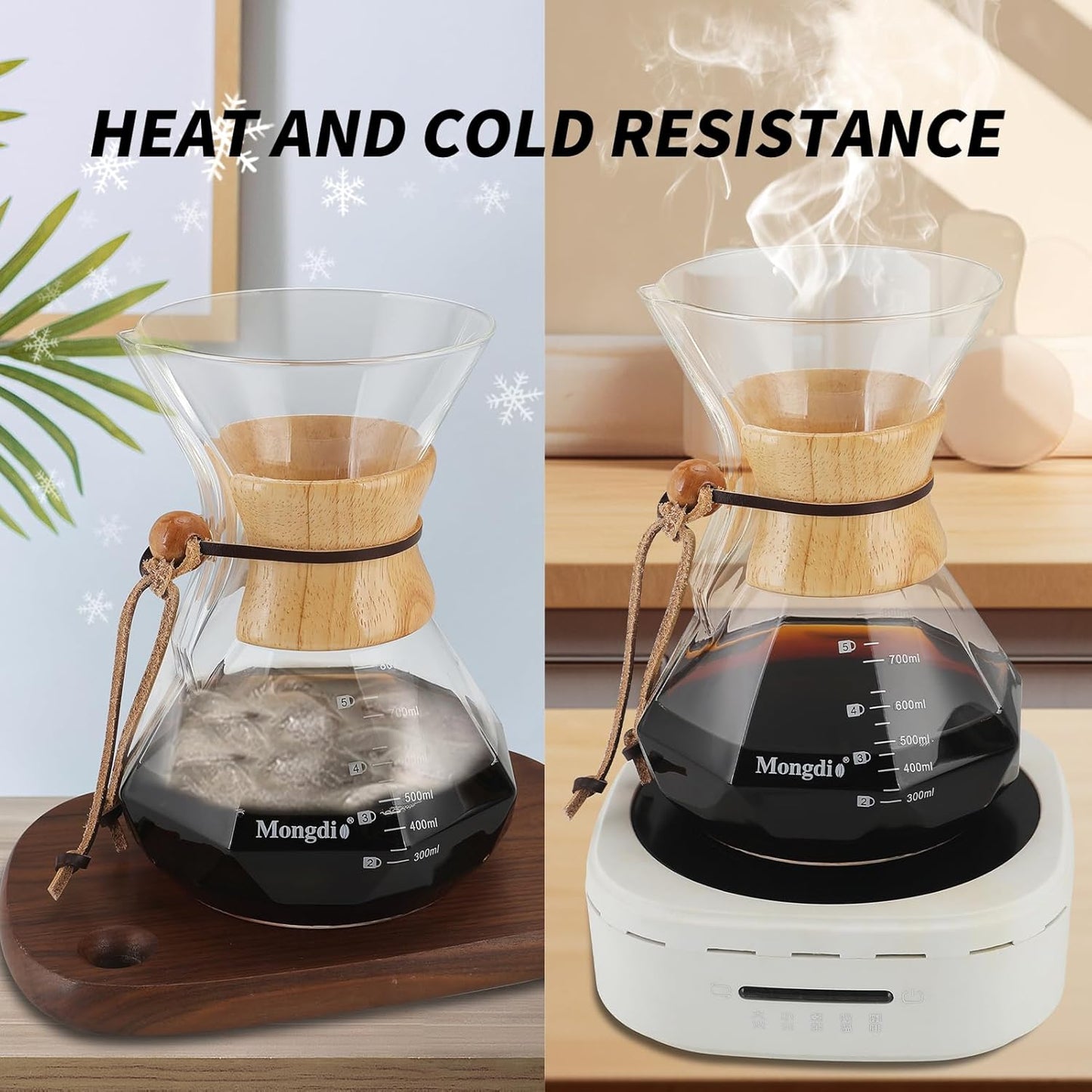 Mongdio 27 Oz Pour Over Coffee Maker with Stainless Steel Filter and Wooden Collar Holder, Borosilicate Glass Coffee Maker for Camping Home, 800ML/27OZ, Clear