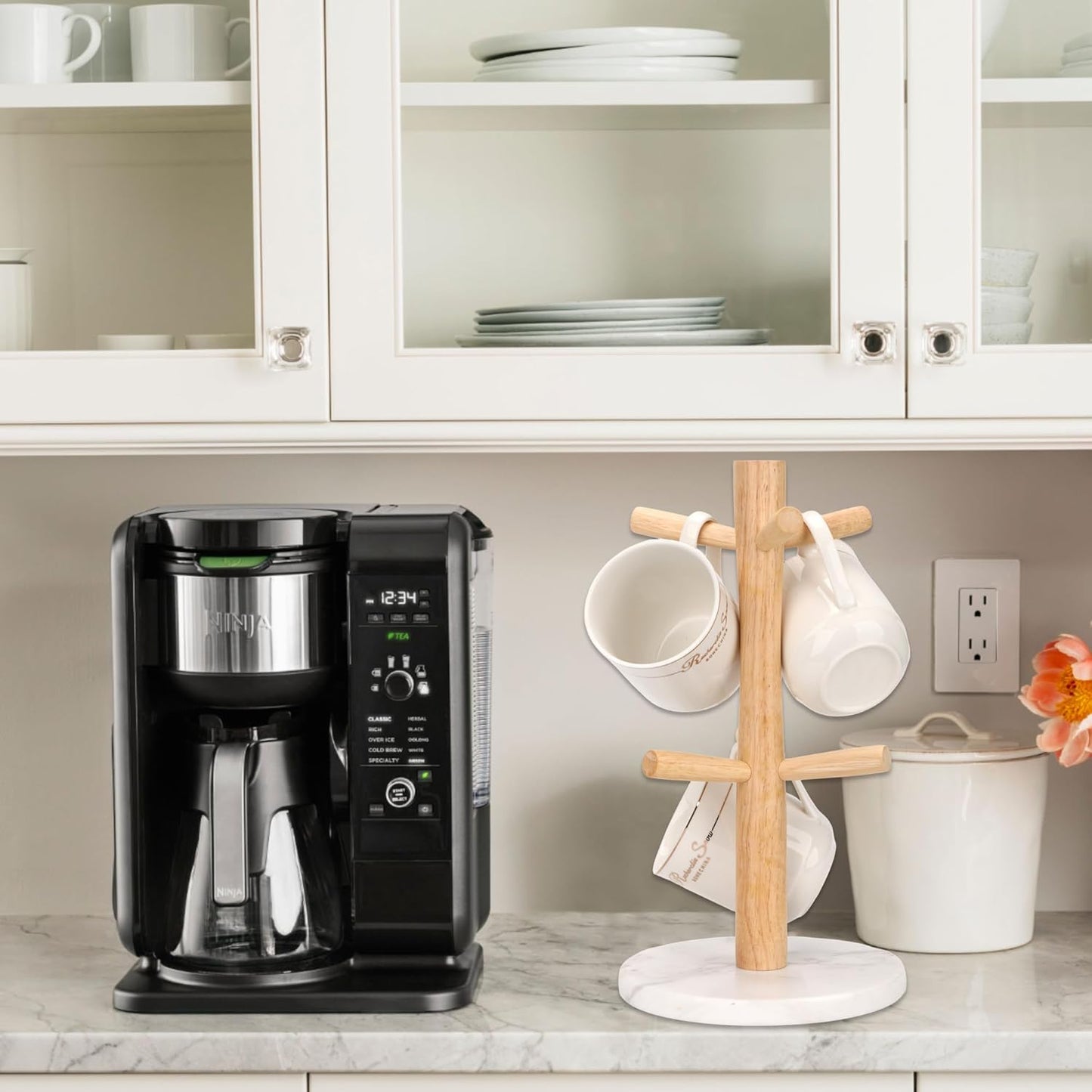 WORHE Mug Holder Marble Base with 6 Hooks Coffee Cup Rack Organizer for Countertop, Round Mugs Stand Hanger for Kitchen Counter Cabinet Bar Accessories and Home Decor White (MH001)