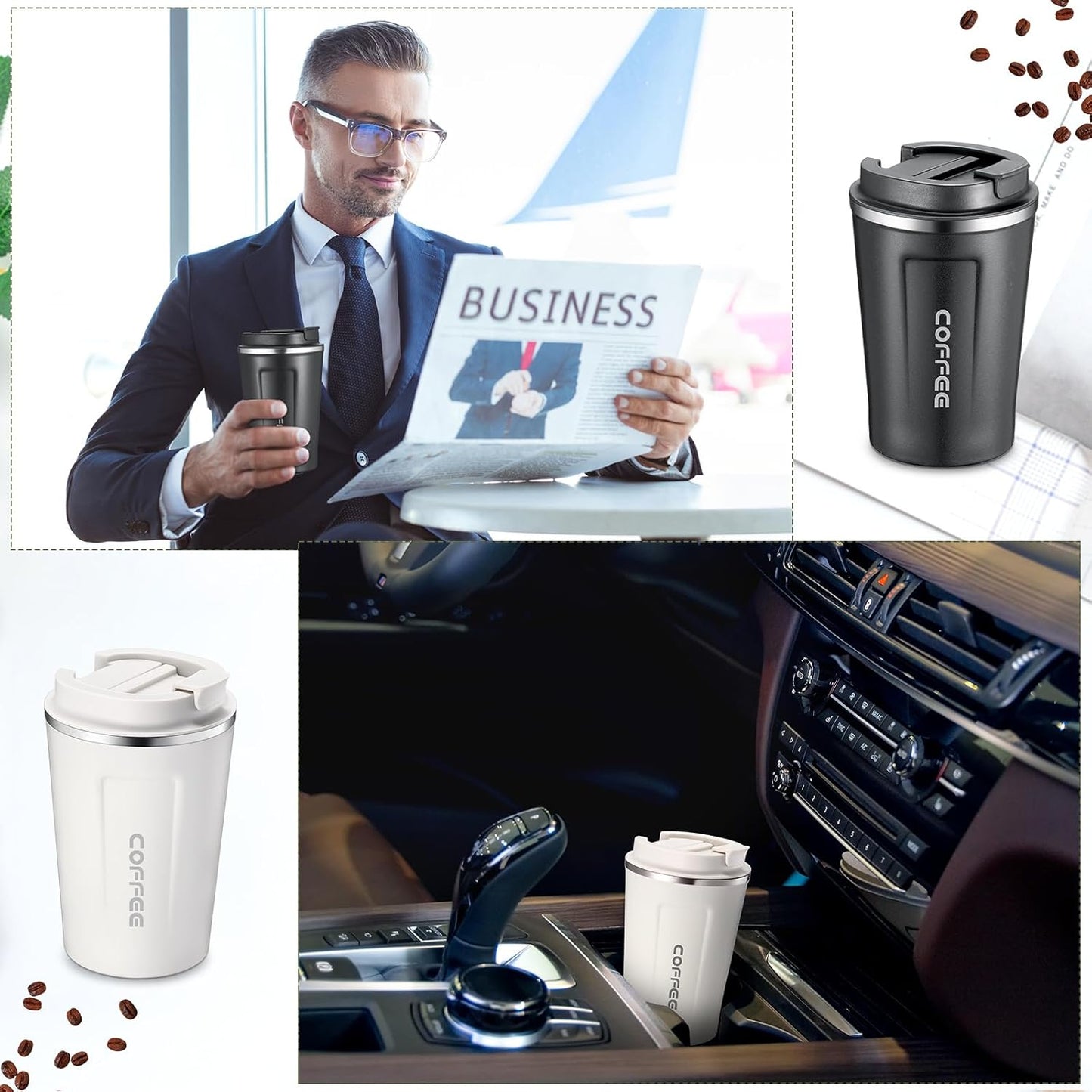 Sieral 4 Pcs 13 oz Travel Coffee Mug Insulated Reusable Coffee Cups with Leakproof Lid Stainless Steel Portable Tumbler for Keep Hot or Ice Milk Tea(Black, White, Navy Blue, Green)