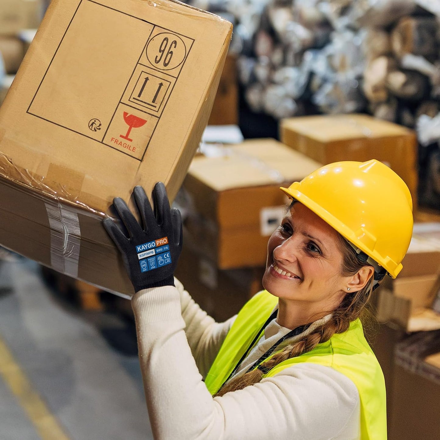 KAYGO Cut Resistant Gloves PU Coated, 12 Pairs Safety Work Gloves with full fingers Touchscreen for Men and Women, ANSI Cut Level A2, Ideal for General Duty Work KG11P, Black,L