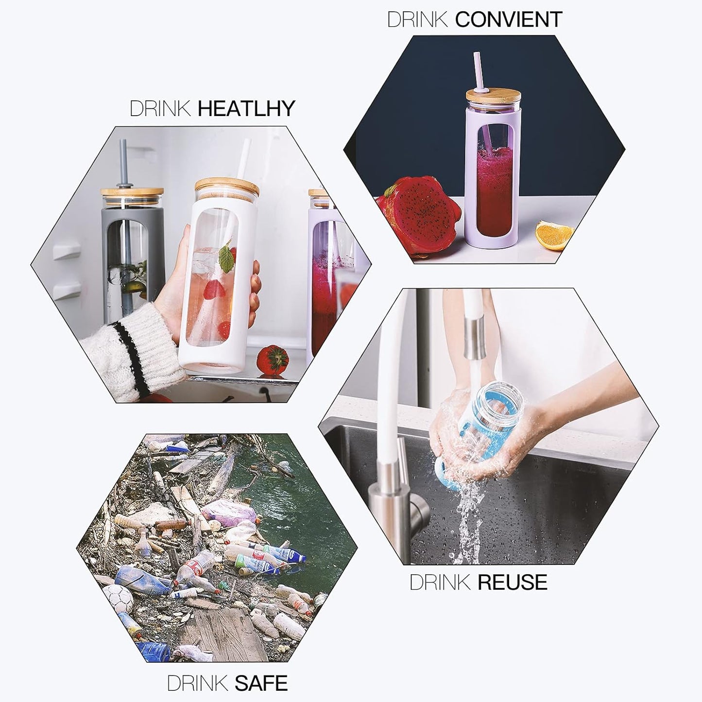 Kodrine 20oz Glass Tumbler with Straw and Lid, Bamboo Lids Water Bottle, Reusable Iced Coffee Cups, Wide Mouth Smoothie Cup with Protective Silicone Sleeve BPA FREE-Pink-2pack