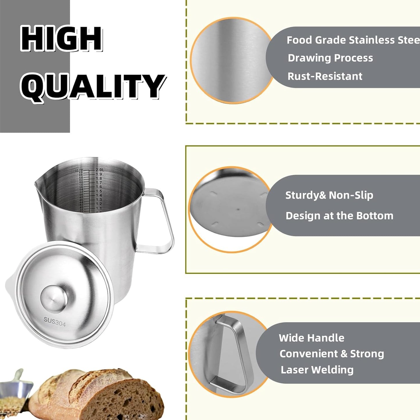 70 oz Stainless Steel Pitcher with Lid and Handle – Large Metal Measuring Cup with Markings, 2 Liter Water Jug for Frothing Milk, Latte Art, Coffee, Iced Tea, Espresso, Hot or Cold Liquids