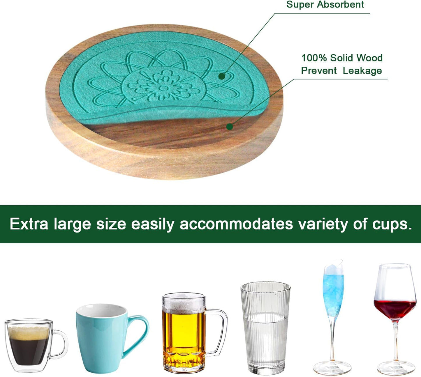 Wood Coasters for Drinks, Minacun Absorbent Coaster Sets of 5, Drinks Coasters for Coffee Tabletop Protection, Non-Slip, Non-Stick, Suitable for Kinds of Cups Wooden Table Drink, 4.3 Inches Lake Blue