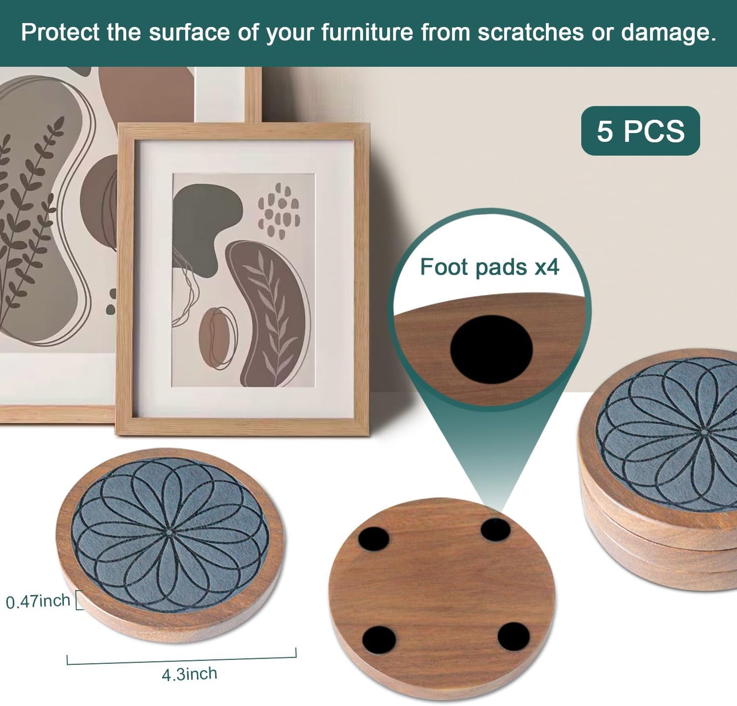 5 Pack Wood Coasters for Drinks, Minacun Absorbent Coaster Set, Drinks Coasters for Coffee Tabletop Protection, Non-Slip, Non-Stick, Suitable for Kinds of Cups Wooden Table Drink, 4.3 Inch Gray