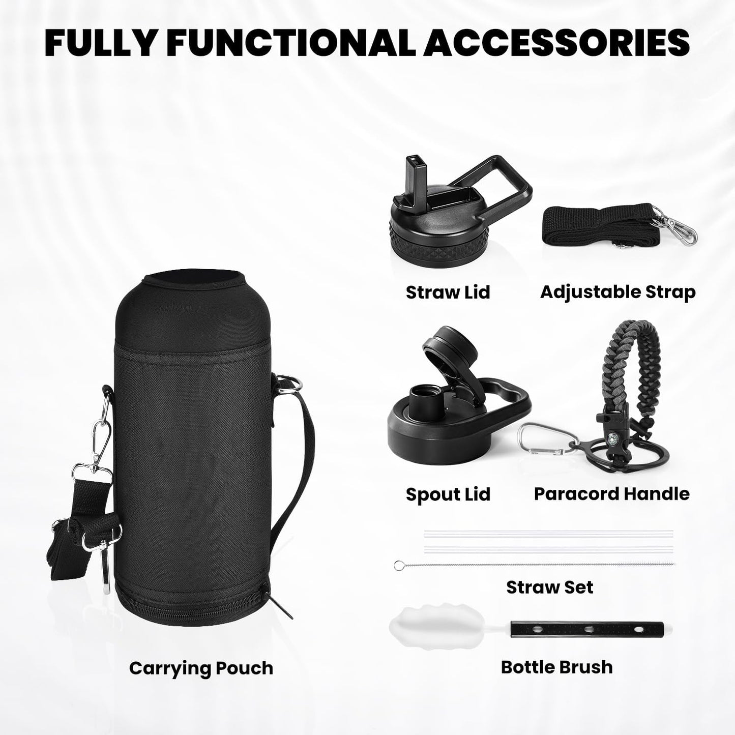 Insulated Water Bottle 32 oz, Triple Wall Vacuum Stainless Steel (Cold for 48 Hrs), Leak Proof & Non-BPA, Modern Water Flask Jug with Paracord Handle & Straw Spout Lids, Dark Grey