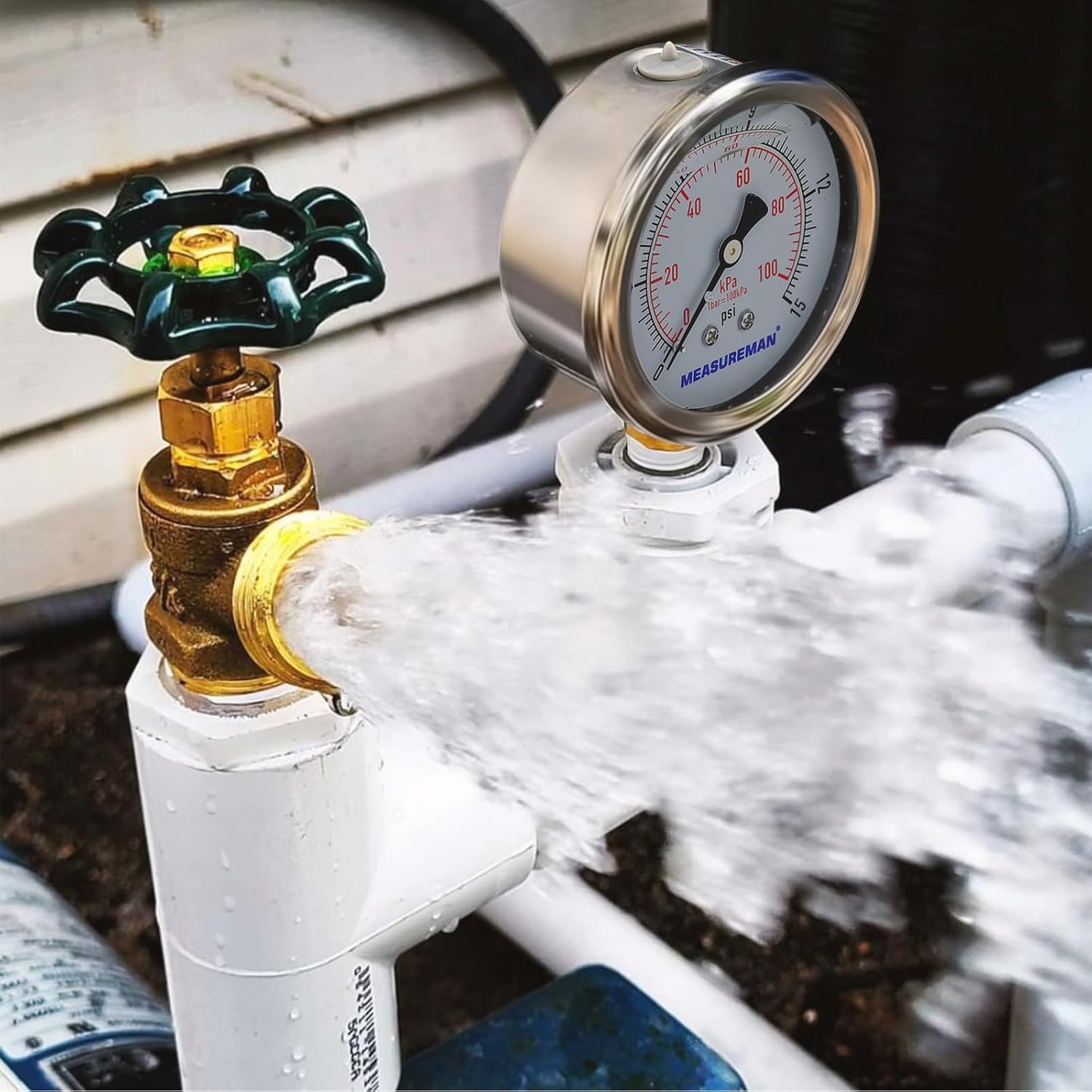 MEASUREMAN 2-1/2inch Dial Size, Glycerin Filled Pressure Gauge, 0-15psi/100kpa, 304 Stainless Steel Case, 1/4inch NPT Lower Mount