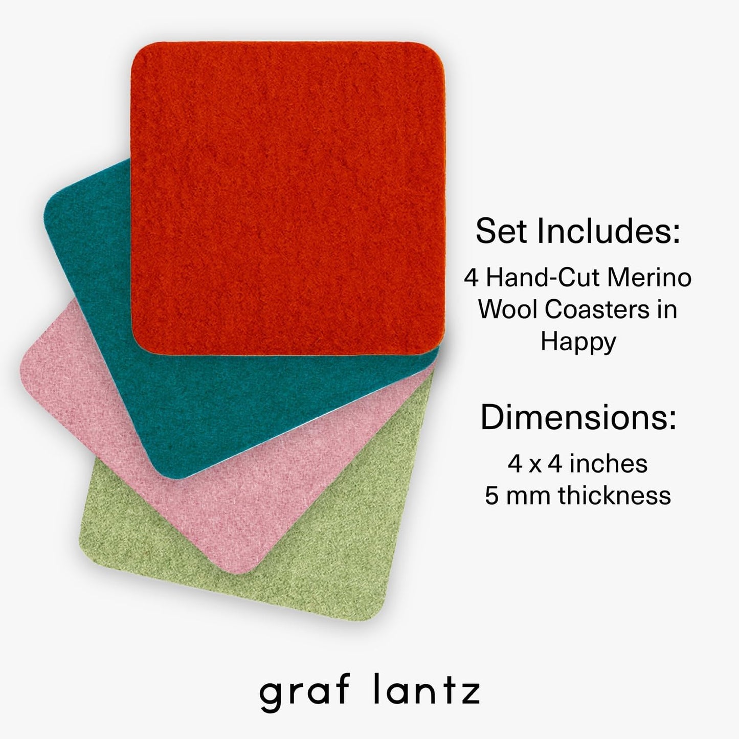 Graf Lantz - Bierfilzl Merino Wool Square Coasters Set of 4 - Happy (4"x4"x5mm) - Absorbs 30% of Weight - Natural German Wool - Heat Resistant, Sustainable, Reusable - Home Decor, Coffee Table Decor