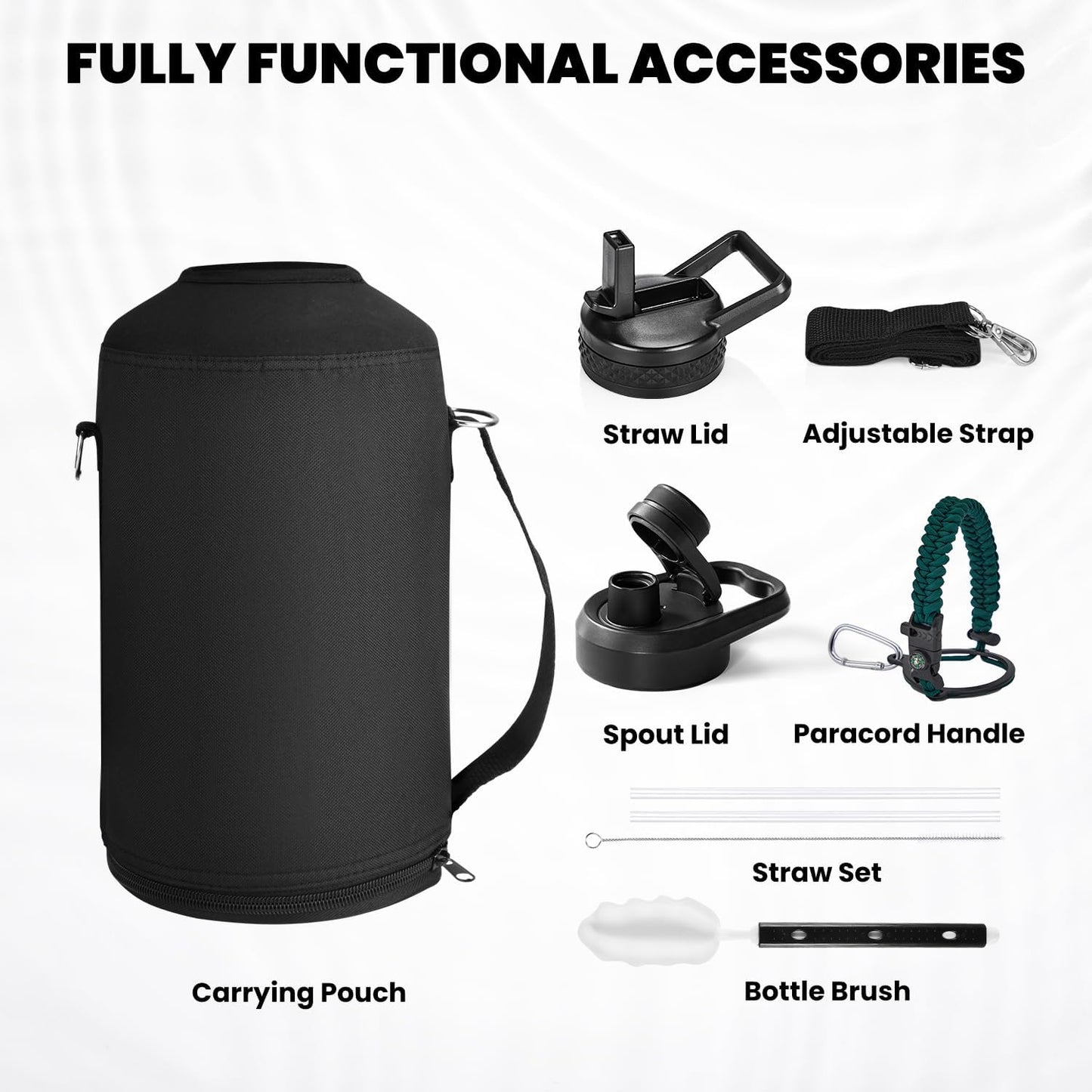 One Gallon Water Bottle Insulated, Triple Walled Vacuum Stainless Steel (Cold for 48 Hrs), Leak Proof & Non-BPA, Large Water Flask Jug with Paracord Handle & Straw Spout Lids