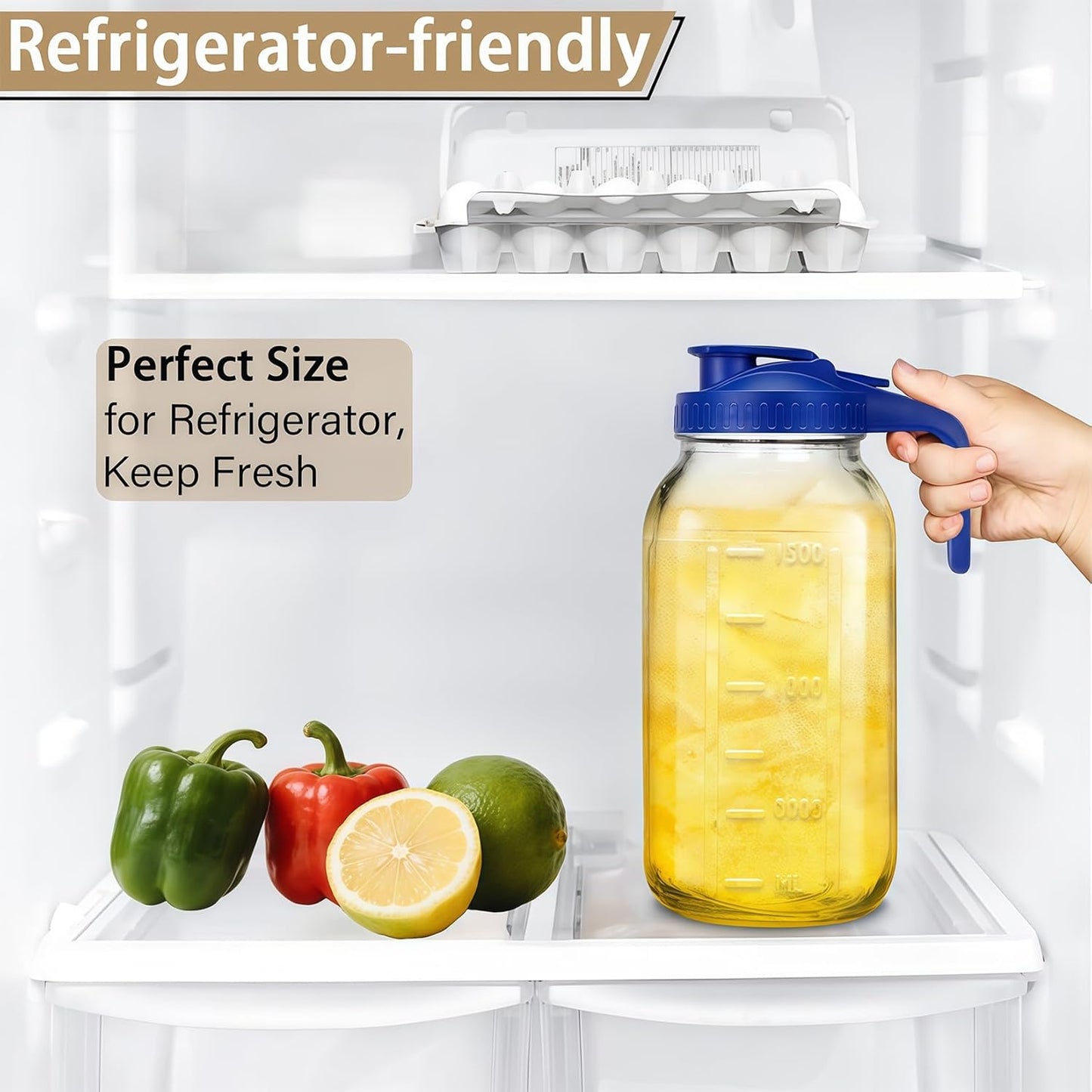 64oz Glass Pitcher with Handle and Lid, 2 Quart Mason Jar Pitcher - Airtight & Leakproof Water Jug with Pour Spout Lid, Glass Containers for Fridge, Perfect for Juice, Cold Brew, Iced & Sun Tea