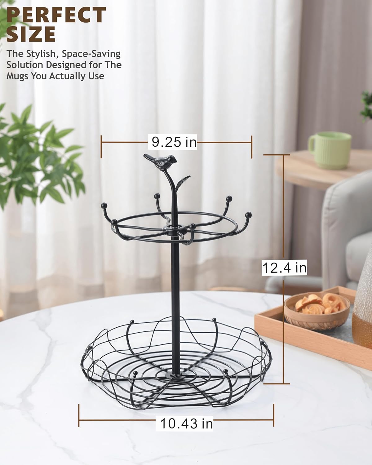 Rotating Mug Tree for Countertop | Decorative Bird & Nest Mug Holder with Storage Basket | Holds 6 Mugs & Pods | 360° Spinning Coffee Cup Rack for Kitchen, Coffee Bar Accessories & Home Décor