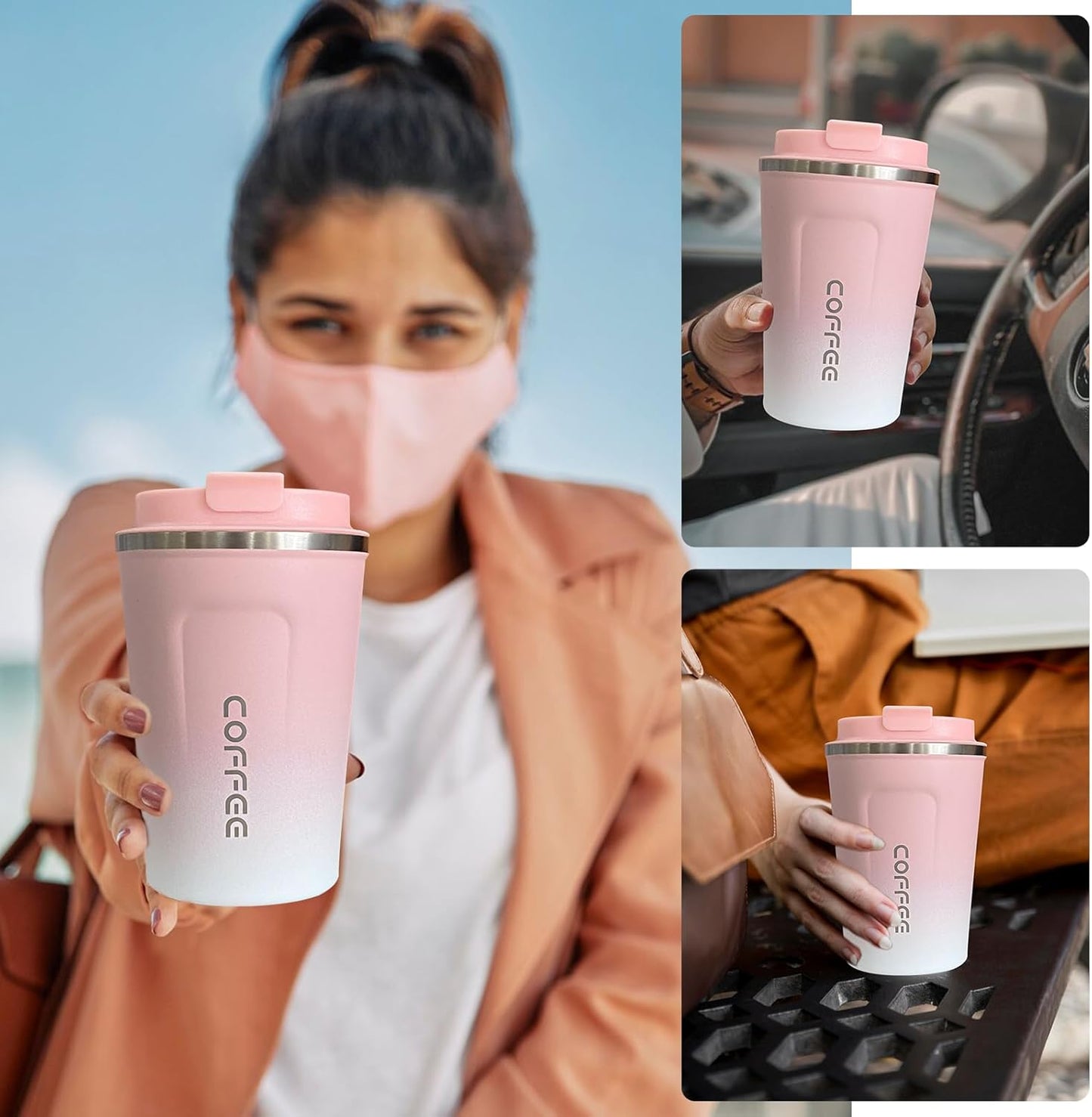 YINBAOGE Insulated Travel Coffee Mug Spill Proof Leak Proof Pobtable To Go Camping Stainless Steel Coffee Tumbler Reusable Coffee Cups with Lids Thermos for Hot and Cold Drink (2nd-Pink White, 17 OZ)