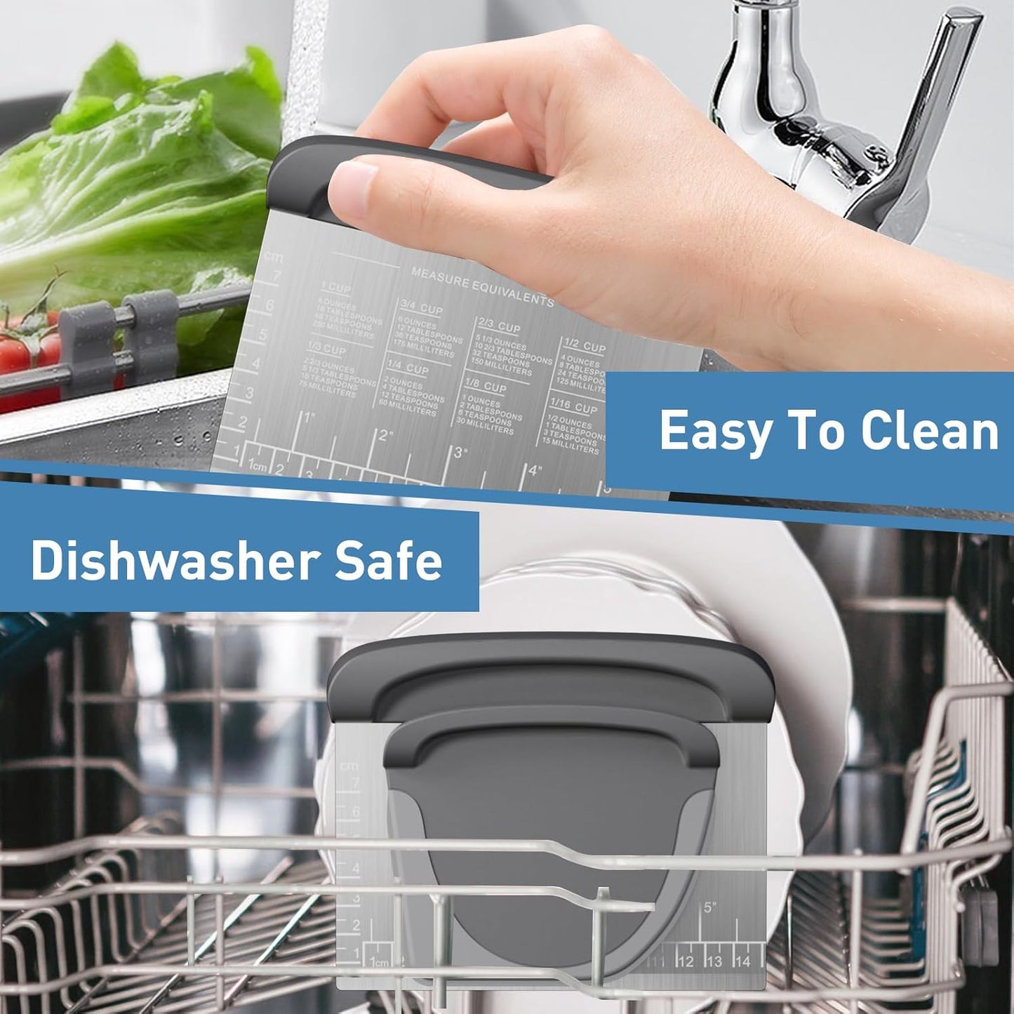 2 IN 1 Upgrade Bench Scraper, Dough Scraper for Pastry Bread Cake Pizza, Stainless Steel Dough Cutter with Conversion Chart & Measuring Scale, Bowl Scraper Food Scraper for Kitchen Baking, Gray