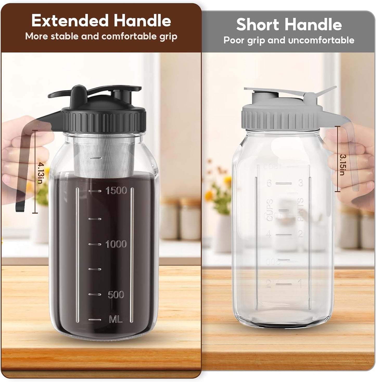 2 Pack 64 oz(2 Quart / 1.9 Liter) Cold Brew Coffee Maker Jar - Glass Cold Brew Maker with Handle, Stainless Steel Filter&Leak-Proof Lid, Heavy Duty Cold Brew Pitcher for Iced Coffee, Sun Tea, and Milk
