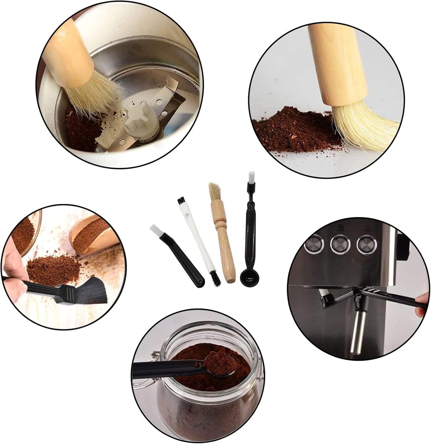 Coffee Grinder Cleaning Brush, Espresso Machine Brush Kit Wood Handle & Natural Bristles Wood Dusting Espresso Brush Set with Spoon for Bean Grain Coffee Tool (Pack of 4)