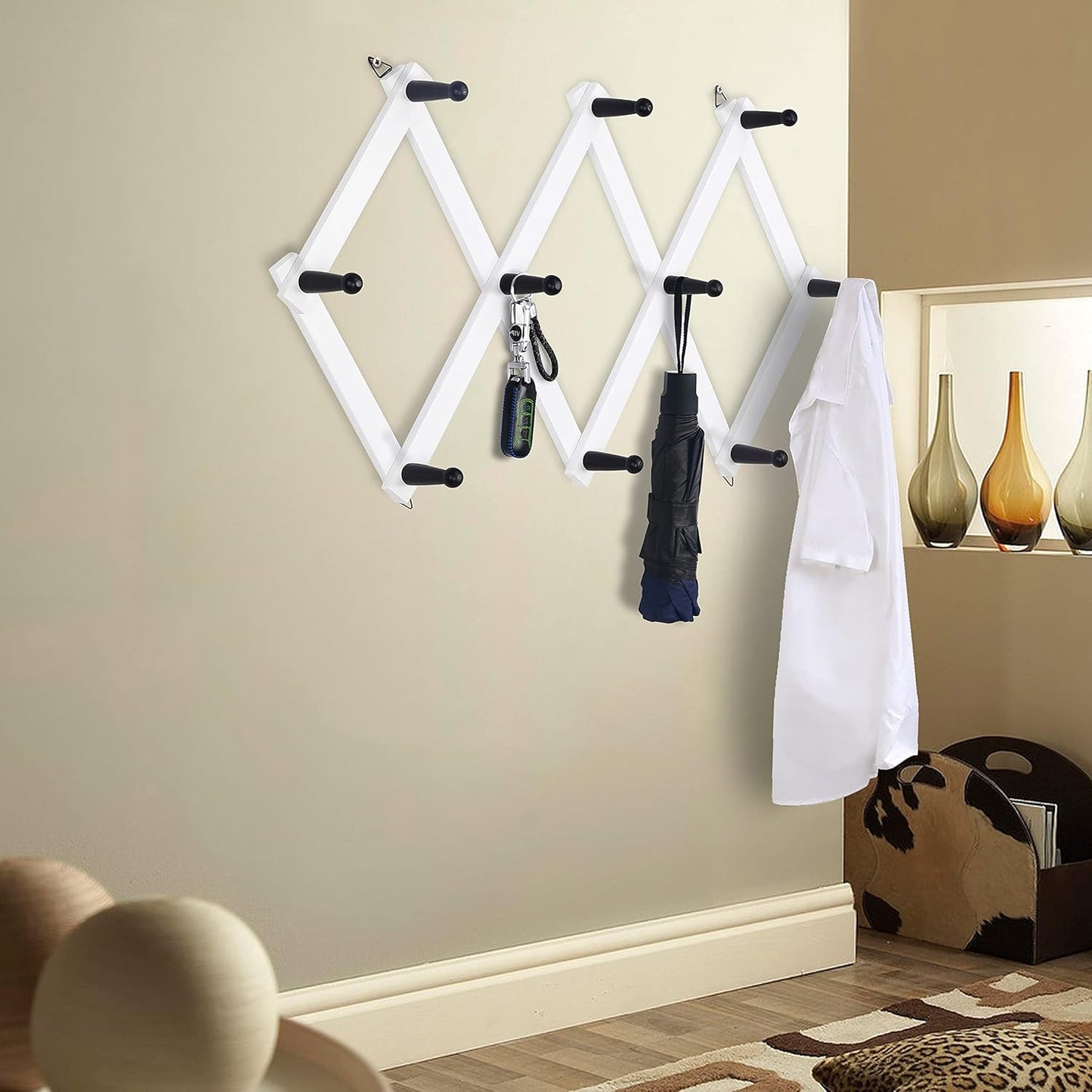 Dseap Accordian Wall Hanger: 16” High Wooden Wall Expandable Coat Rack, Hat Rack Holder, Accordion Hook for Baseball Caps, Coats, Mugs, 10 Peg Hooks, White & Black