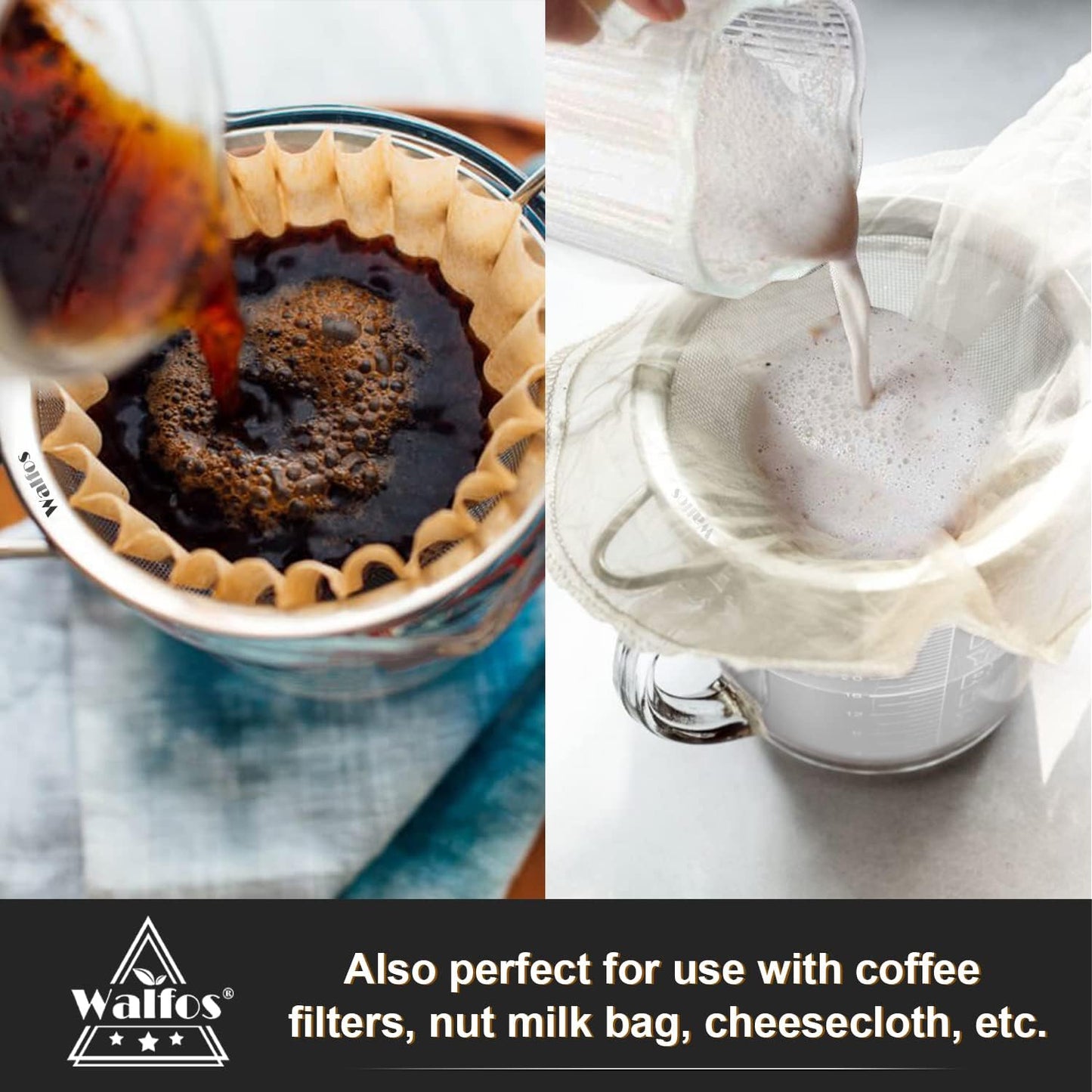 Walfos 7 Inch Fine Mesh Strainers, Premium Stainless Steel Colanders and Sifters, with Reinforced Frame and Sturdy Handle, Perfect for Sift, Strain, Drain and Rinse Vegetables, Pastas and Tea