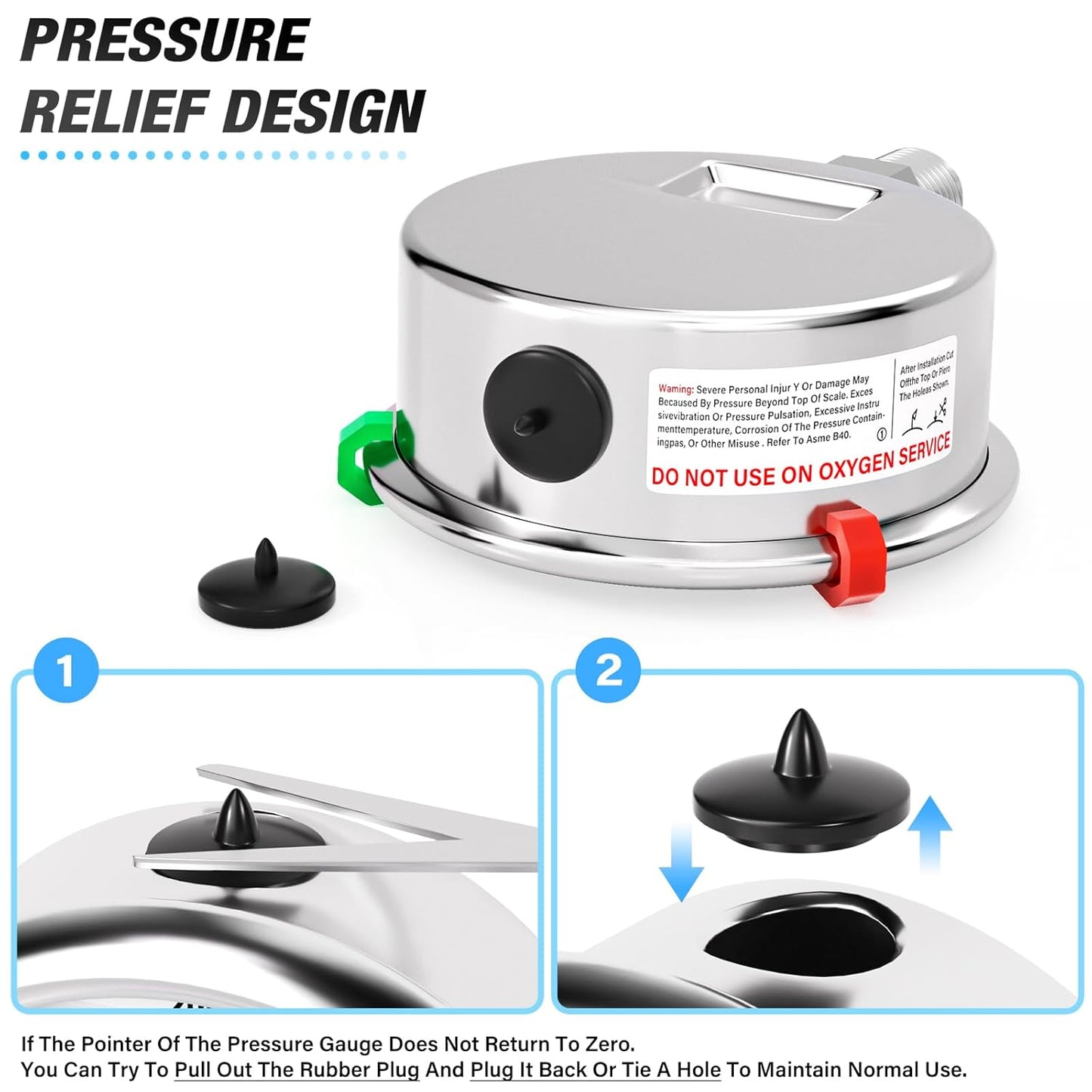 MEANLIN MEASURE 0~40Psi Liquid Filled Pressure Gauge Stainless Steel 2.5" FACE DIAL 1/4" NPT 316 Stainless Steel Joint for Pool Sand Filter Water Oil Air Pressure Test Lower Mount, with 2PCS Snaps