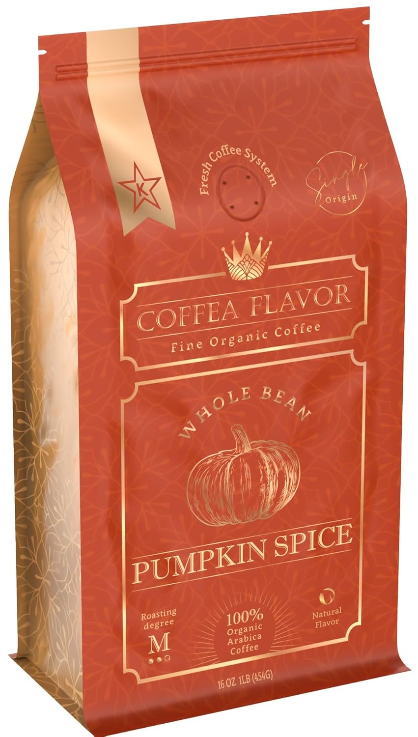 Pumpkin Spice Flavored Whole Bean Coffee – Gourmet 100% Organic Arabica, Single Origin, Medium Roast, Autumn Inspired, Naturally Sweetened – by Coffea Flavor