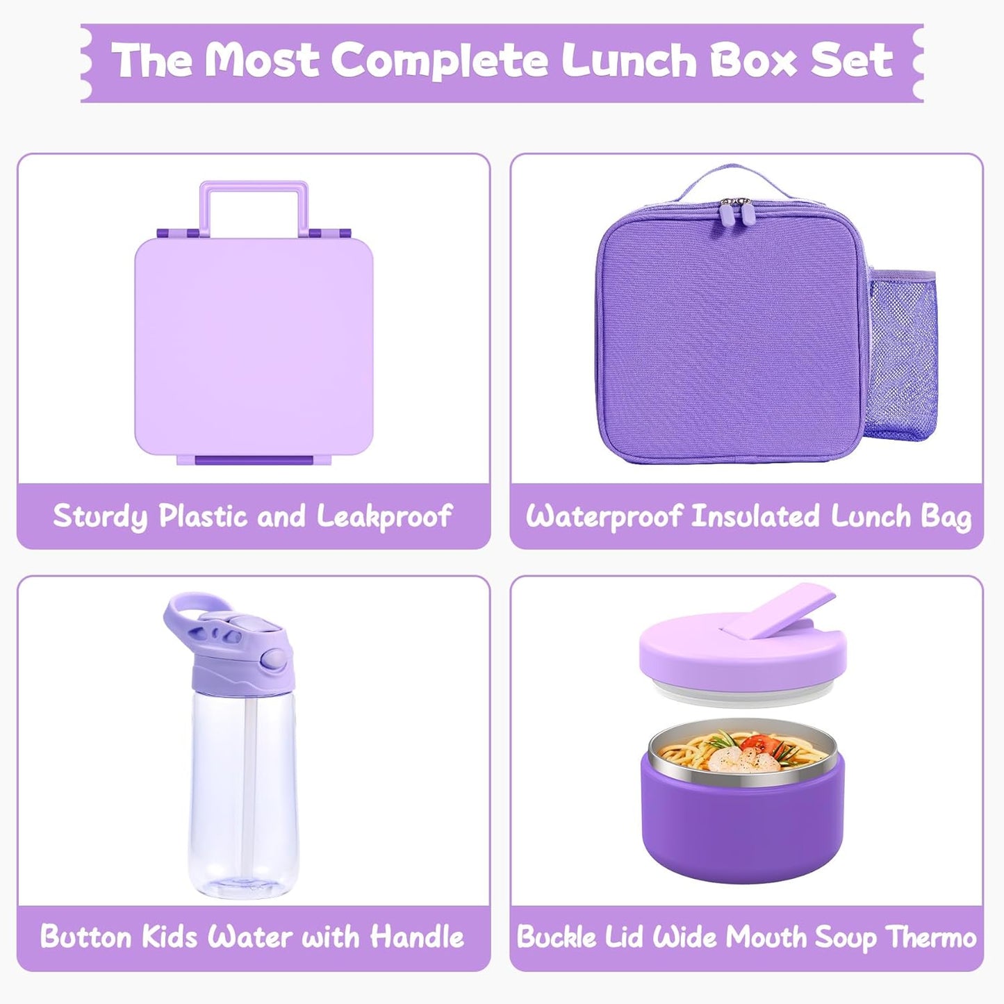 Kids Bento Lunch Box with 8oz Soup Thermo, Water Bottle, Kids Leakproof Lunch Food Containers with 4 Compartment, Insulated Hot Food Jar with Lunch Bag for School, Trvael (Purple)