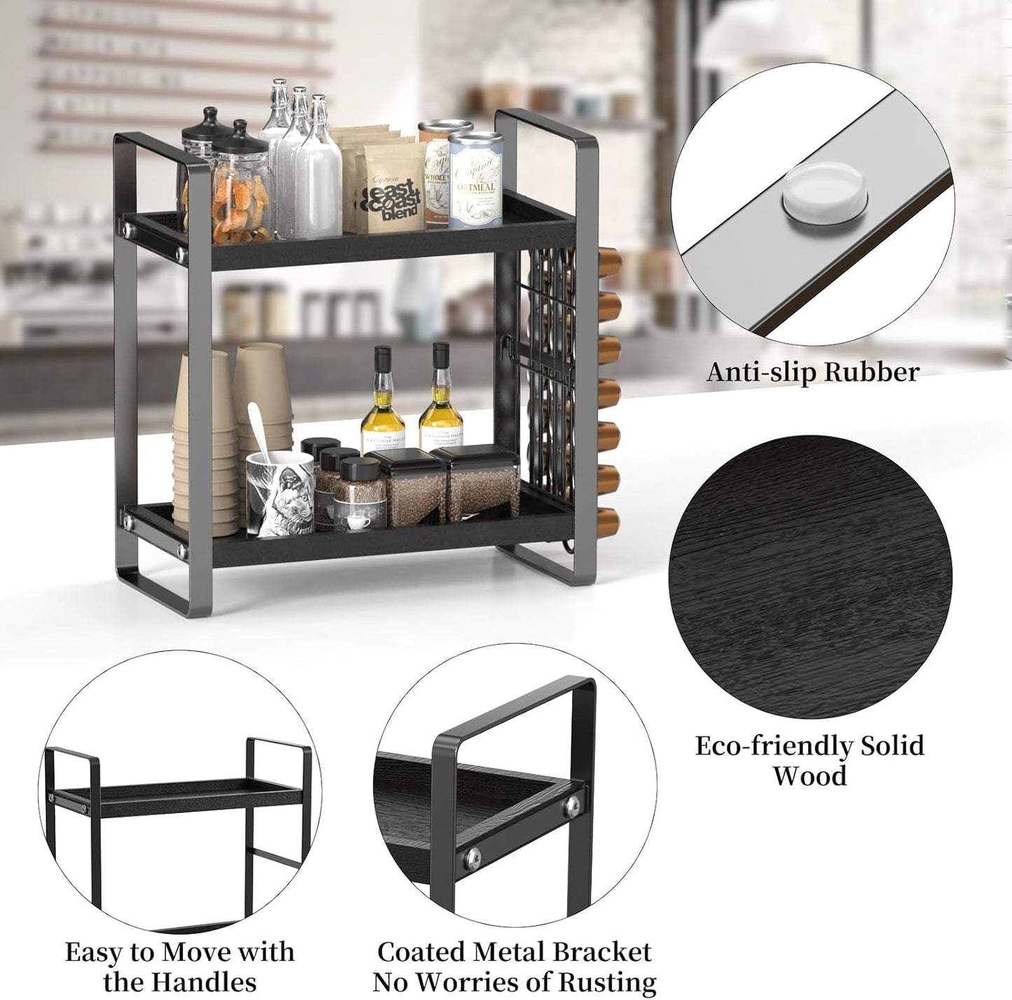 LEMIKKLE Coffee Station Organizer,Compatible with Nespresso Classic Pods 24pcs,Coffee Bar Accessories and Cup Storage Organizer, Wood Counter Shelves for Kitchen, Office, Countertop(Black