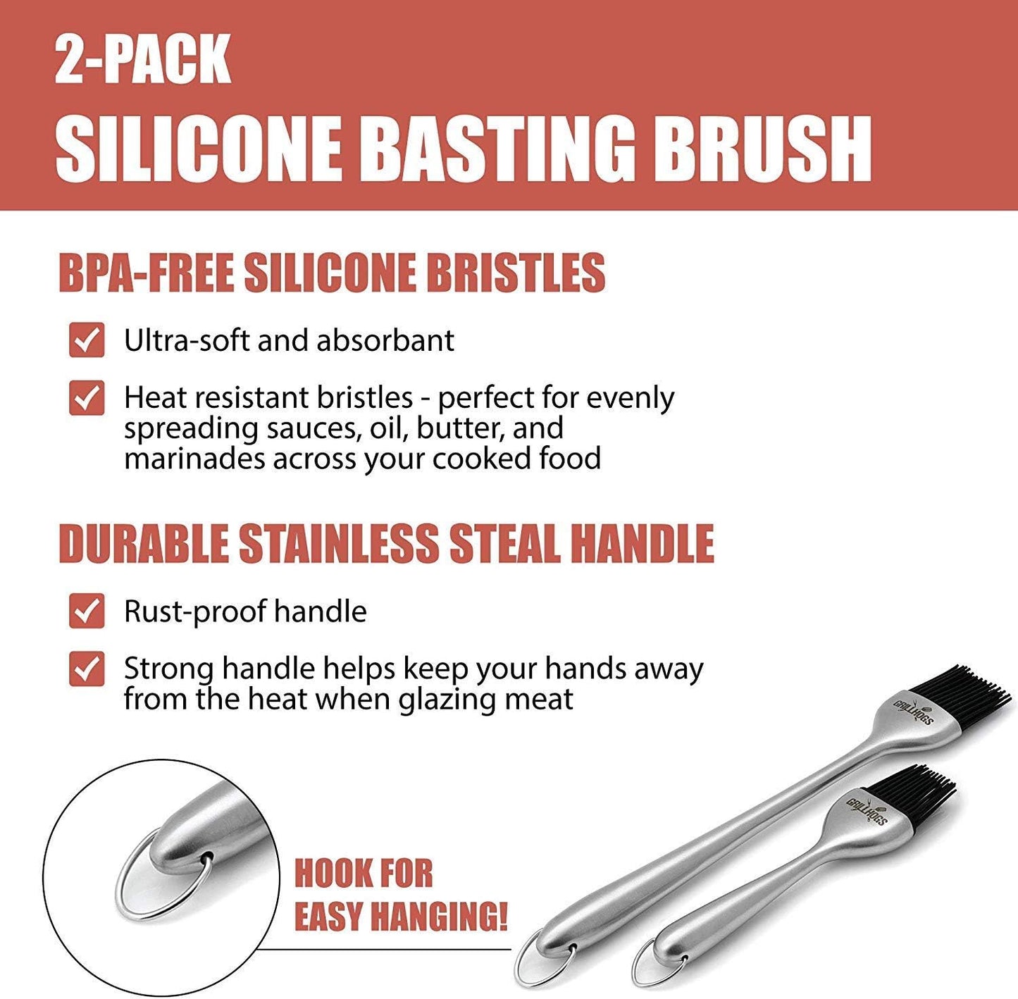 Kitchen Basting Brush, 18/0 Stainless Steel Set of 2 for Grilling & Cooking - 7.5 Inch Precision & 12 Inch Reach Grill Brushes with 480°F Heat Resistant Bristles - Silicone Brush, Pastry, BBQ Brush