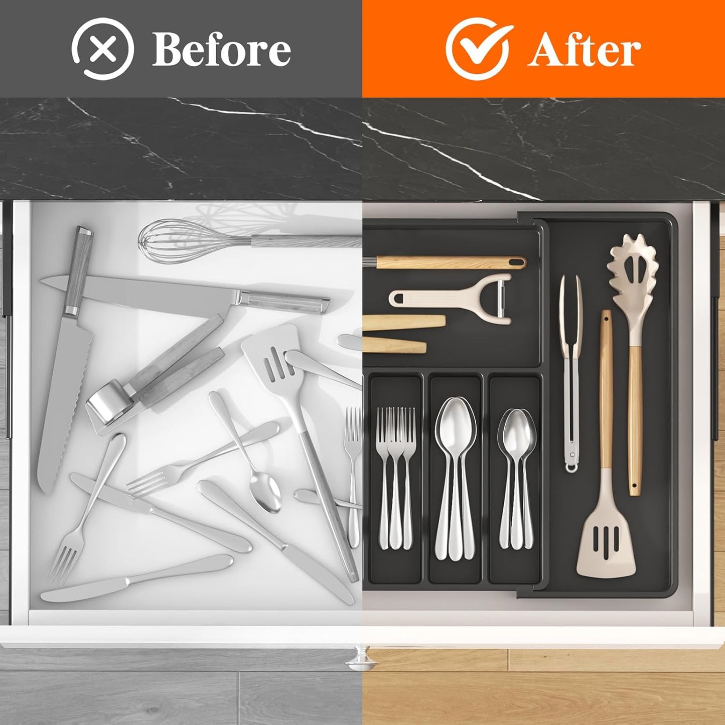 Lifewit Silverware Drawer Organizer, Expandable from 15.4 to 27 inches, Utensil Tray for Kitchen, Adjustable Cutlery Holder, Plastic Flatware Storage for Spoons Forks Knives, Extra Large, Black