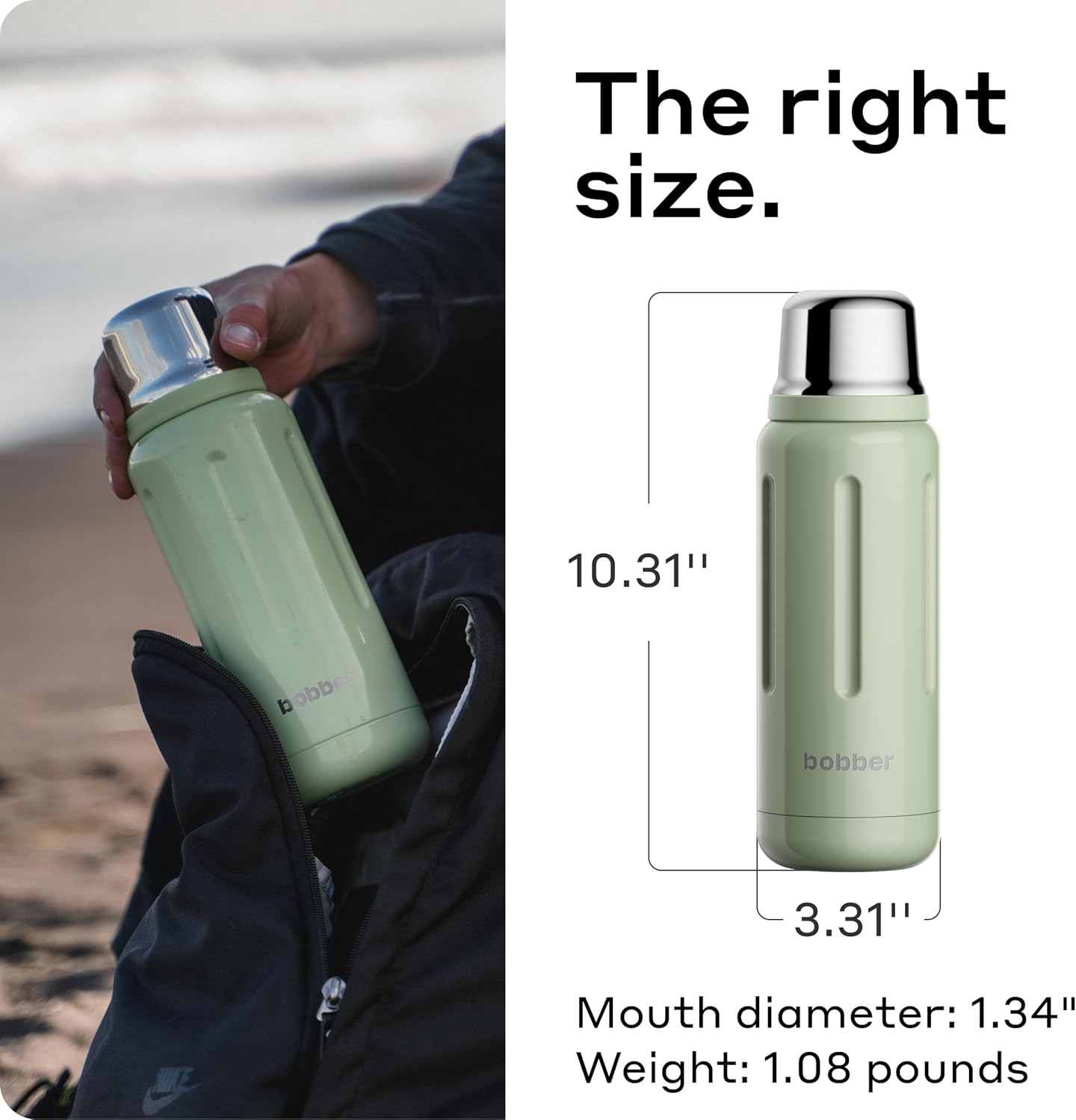 BOBBER 26 oz Thermal Bottle for Hot and Cold Drinks – Stainless Steel Insulated Water Bottle with Screw Top, Keeps Hot for 36 Hours – BPA-Free, Dishwasher Safe Thermo Flask (Green)