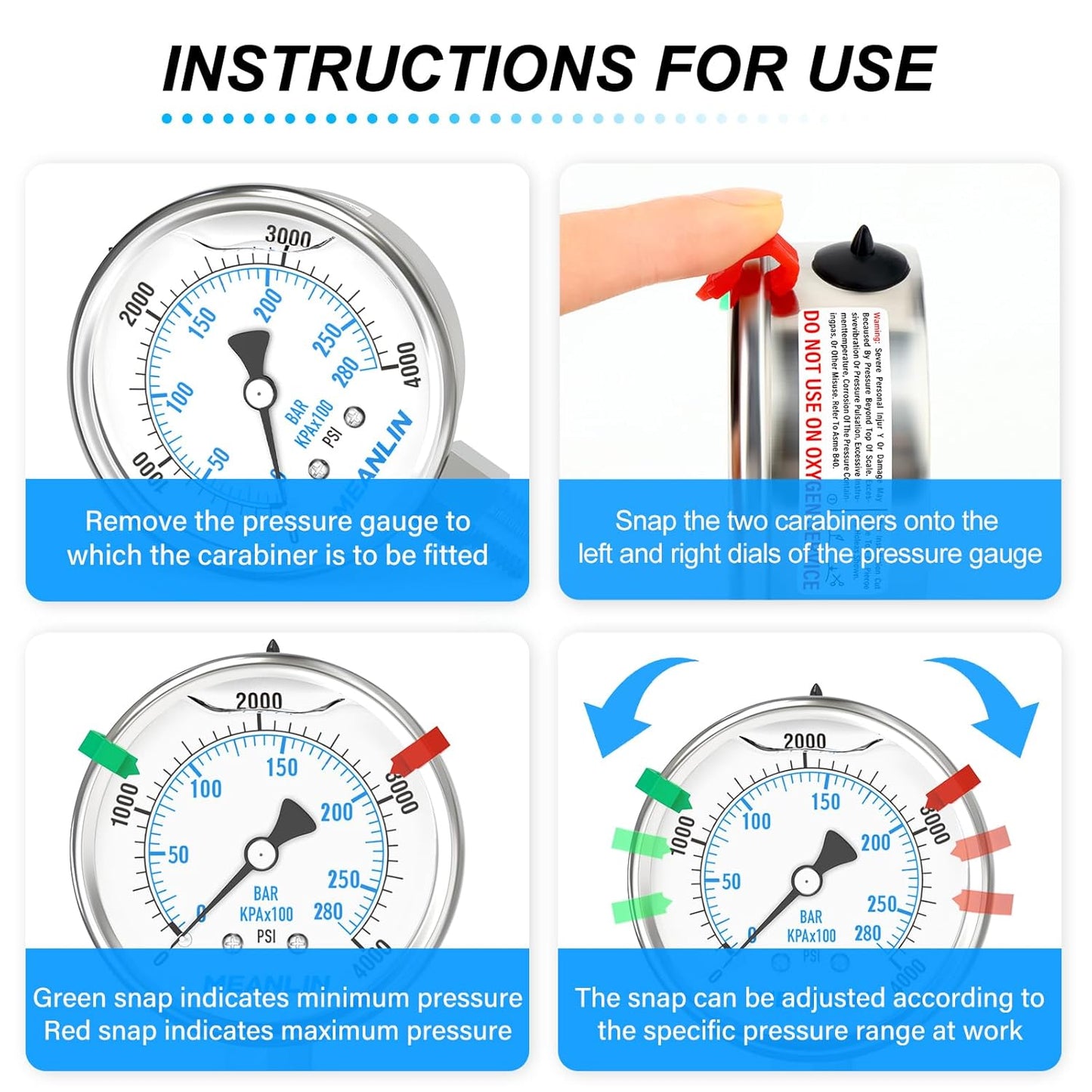 MEANLIN MEASURE 0~4000Psi Stainless Steel Liquid Filled Pressure Gauge 2.5" FACE DIAL 1/4" NPT for WOG Water Oil Air Lower Mount with Stainless Steel Hex Bushing and Snaps