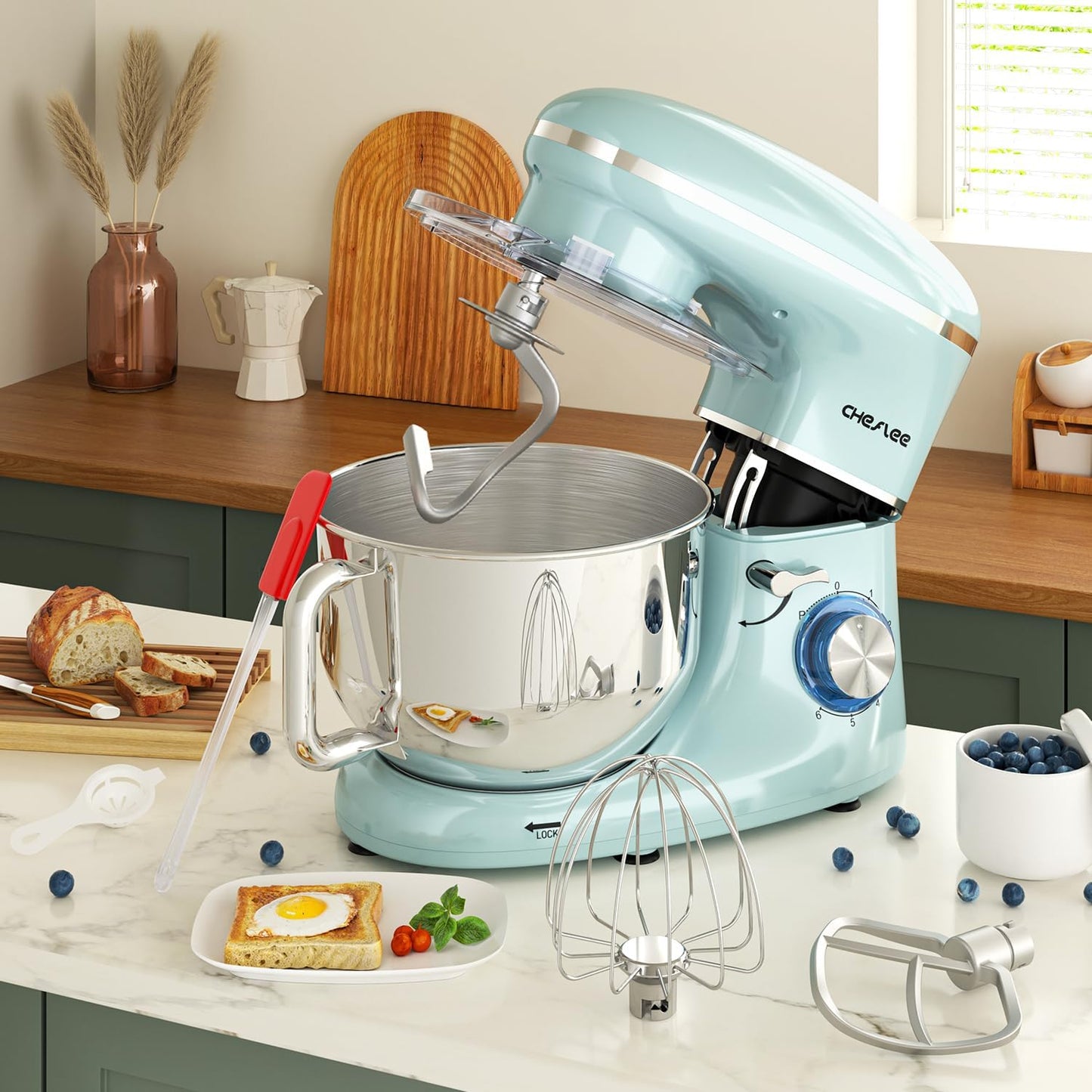 CHeflee Stand Mixer,660W 6+P With 6.5QT Stainless Steel Bowl,Dough Hook, Wire Whip & Beater,for Most Home Cooks,Blue